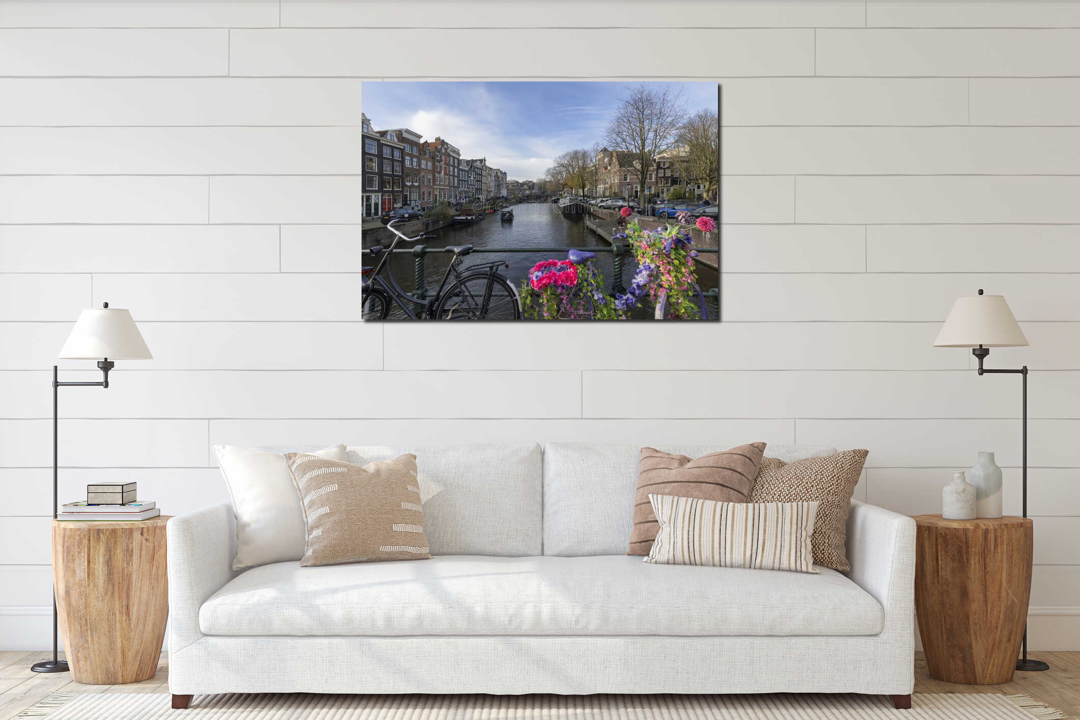 Amsterdam, Netherlands. Bikes on the bridge channel of Amsterdam city. Typical amsterdam transport, bicycles streets. Picturesque interior mockup