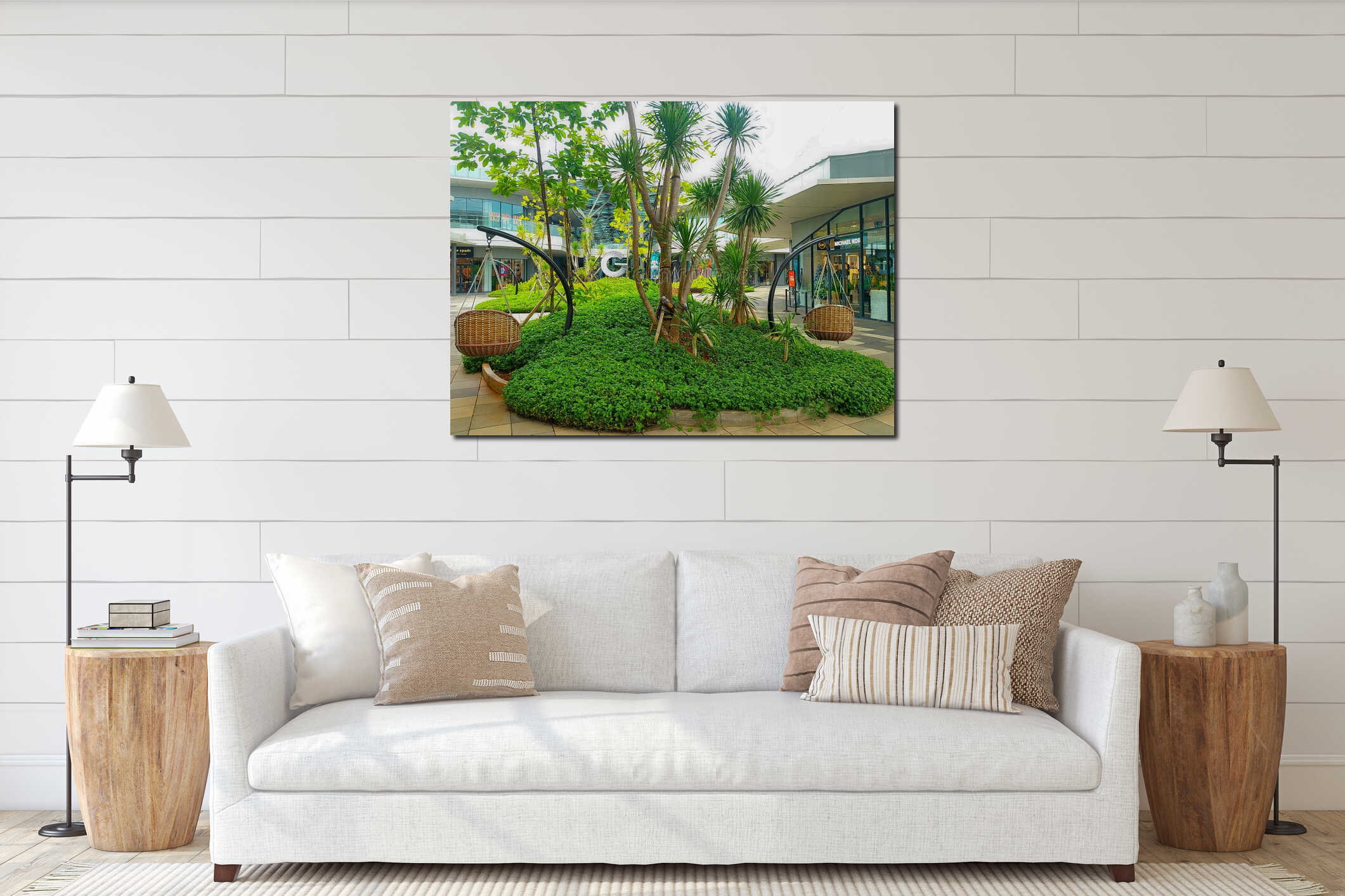 Modern Outdoor Shopping Mall Garden with Tropical Plants and Hanging Swing Chairs interior mockup