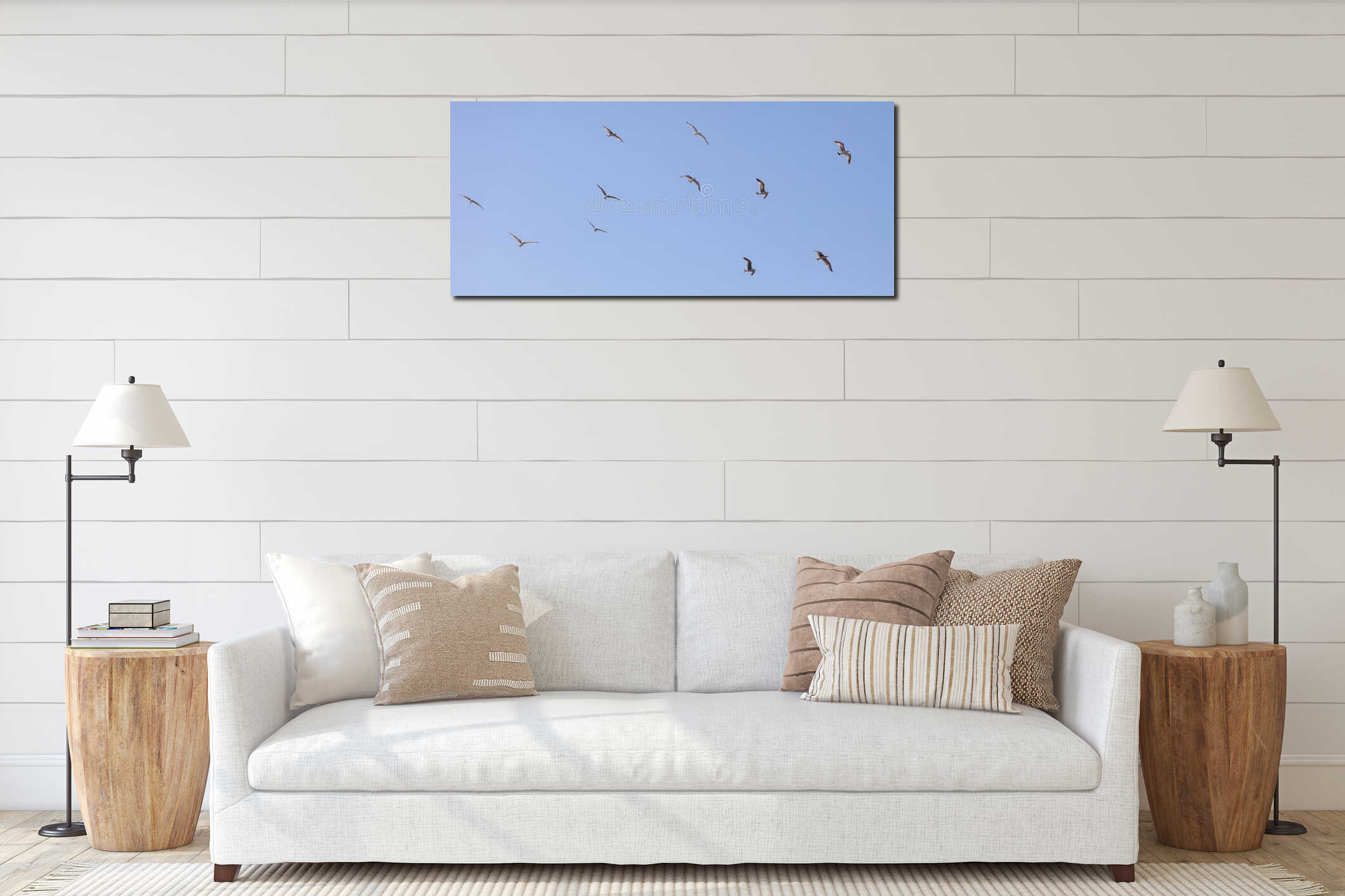 A flock of seagulls flying in the sky interior mockup