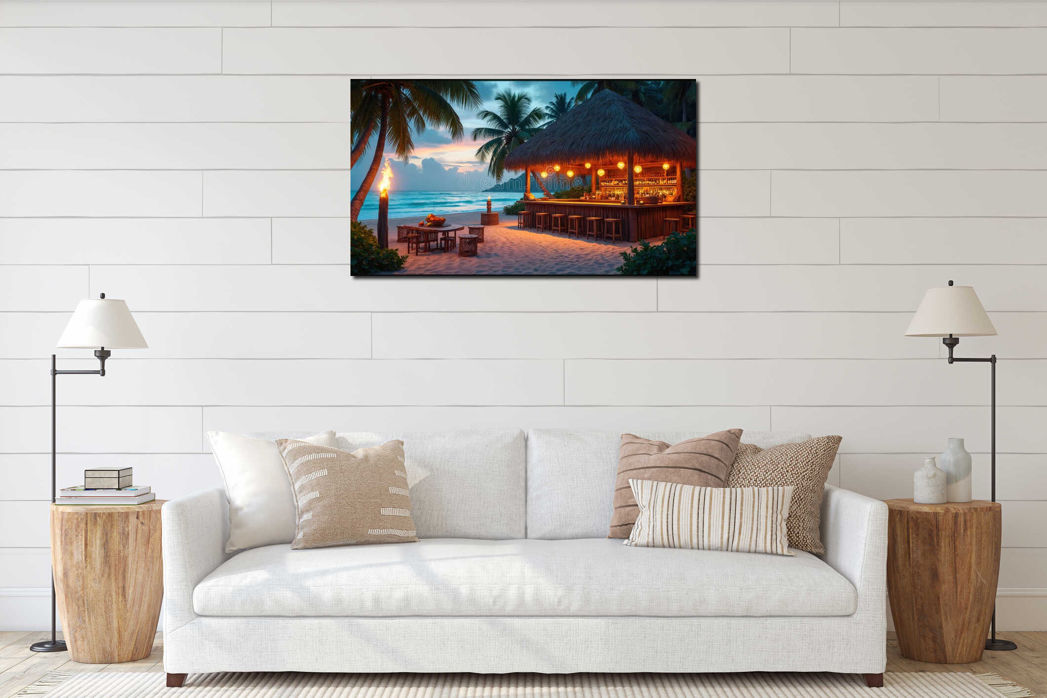 Tropical beach tiki bar with thatched roof and glowing lanterns. Ocean waves lap shore beside palm trees. Evening sky glows with interior mockup
