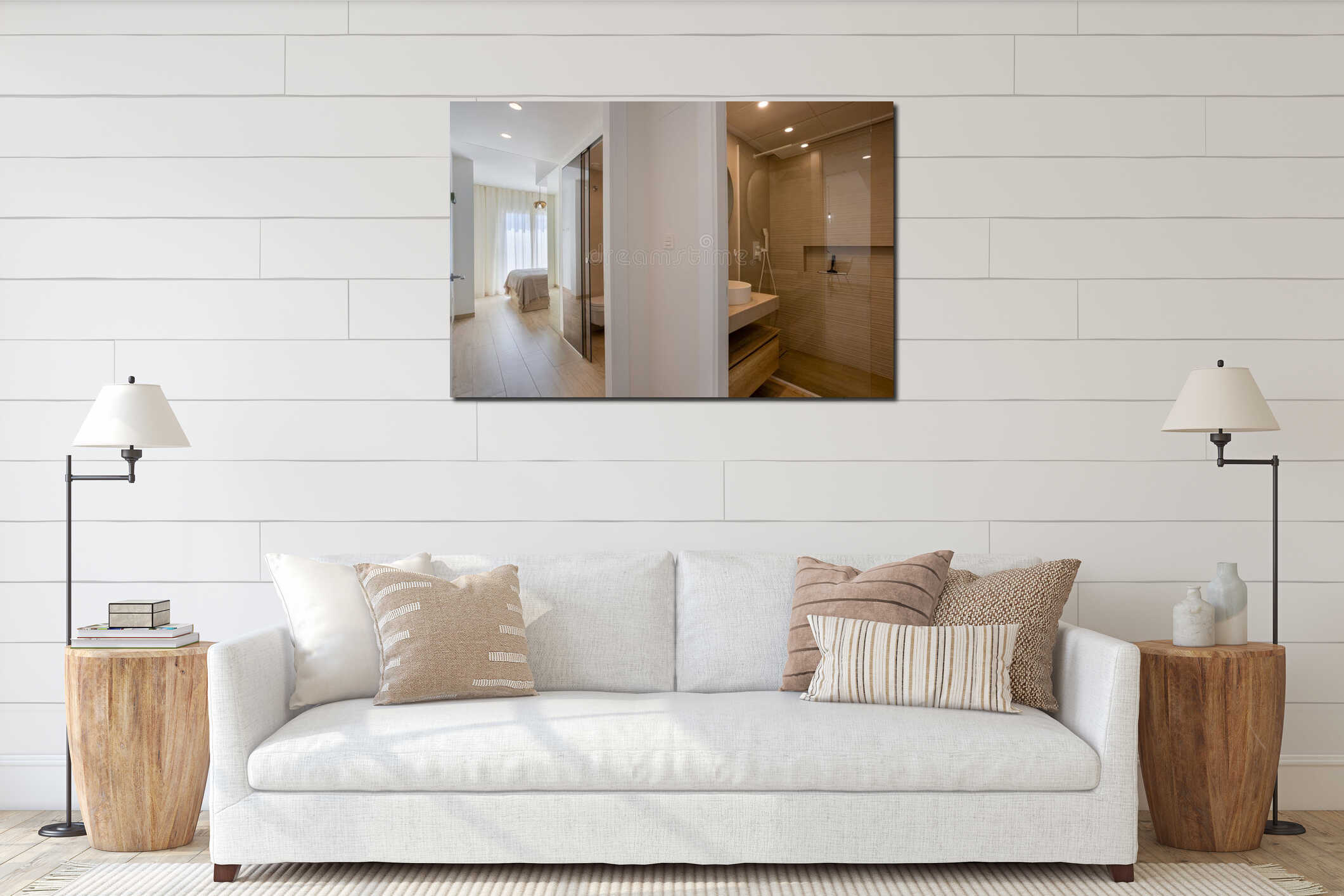 Modern hallway with access to bedroom and elegant neutral-toned bathroom interior interior mockup