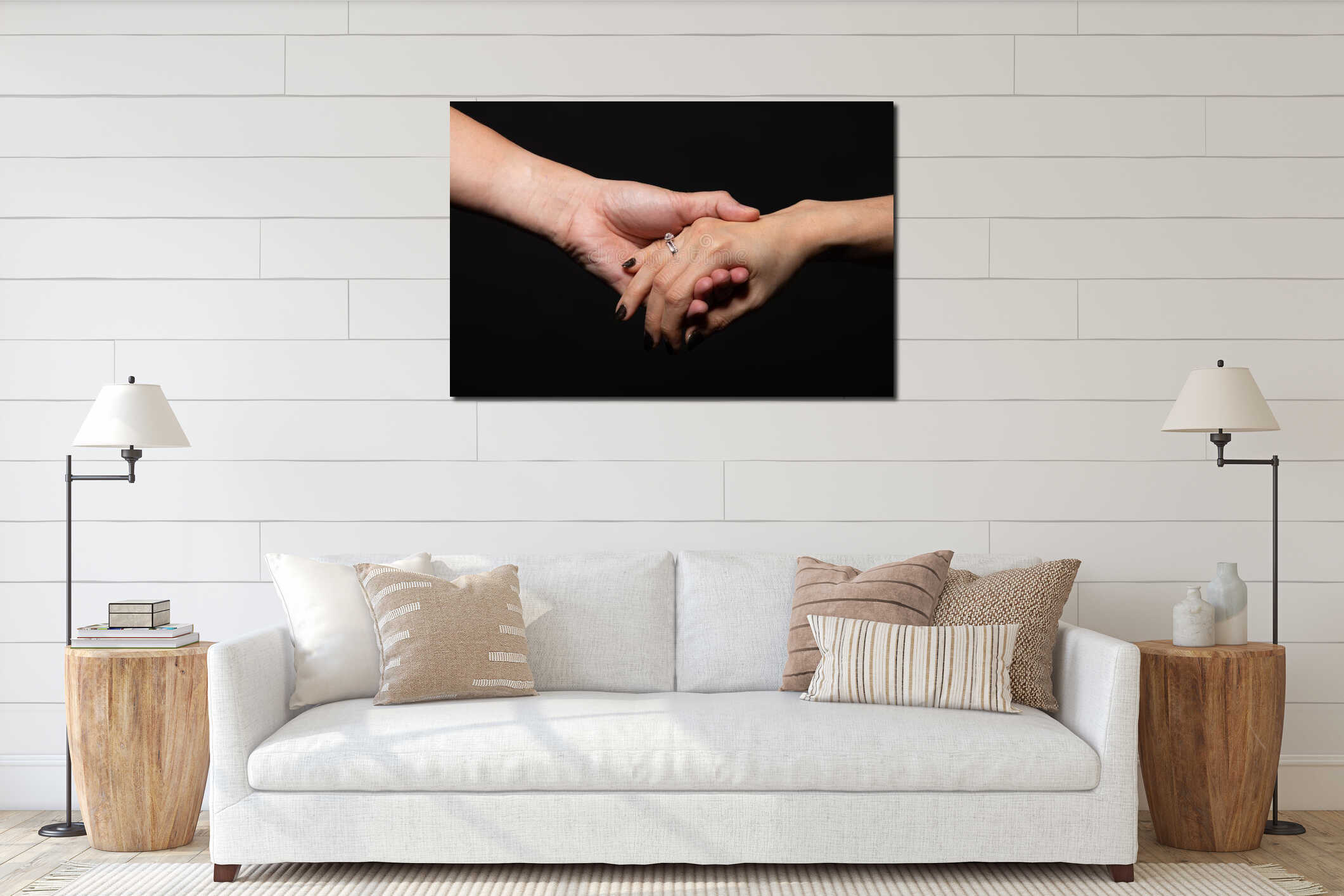 Close Up View of Two People Holding Hands Together Symbolizing Love Support and Human Connection interior mockup