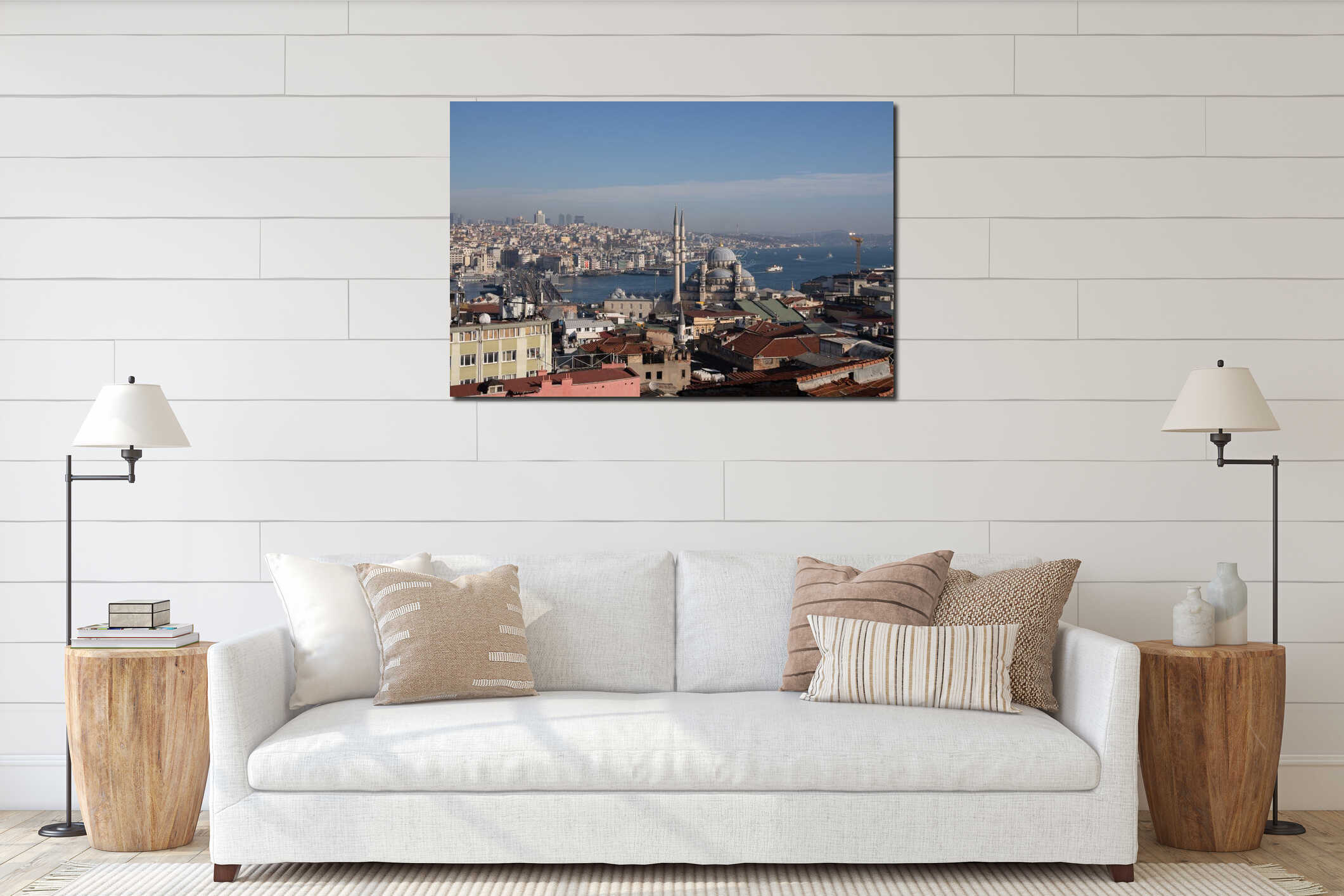Istanbul Skyline Mosque Bosphorus: Panoramic Cityscape view showcasing historical architecture and waterways. interior mockup