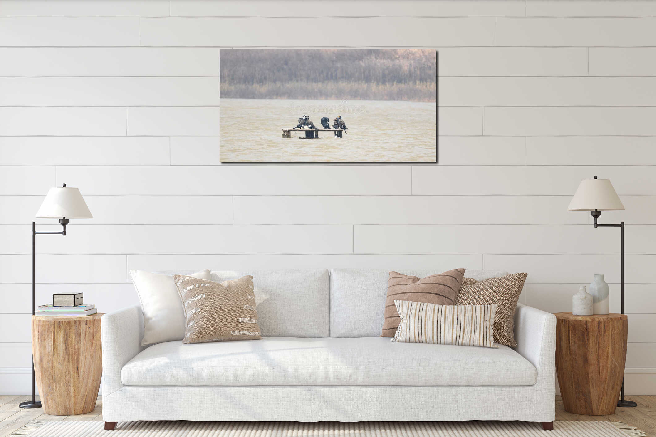 Cormorants Perched on Wooden Structureby the Water interior mockup