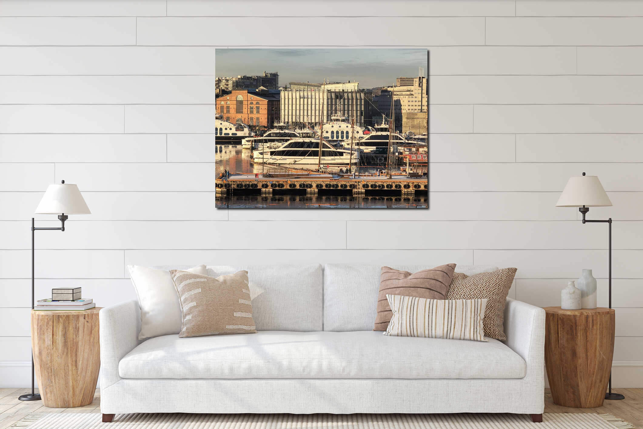 Oslo marina with passenger ferries and sailboat masts at golden hour interior mockup