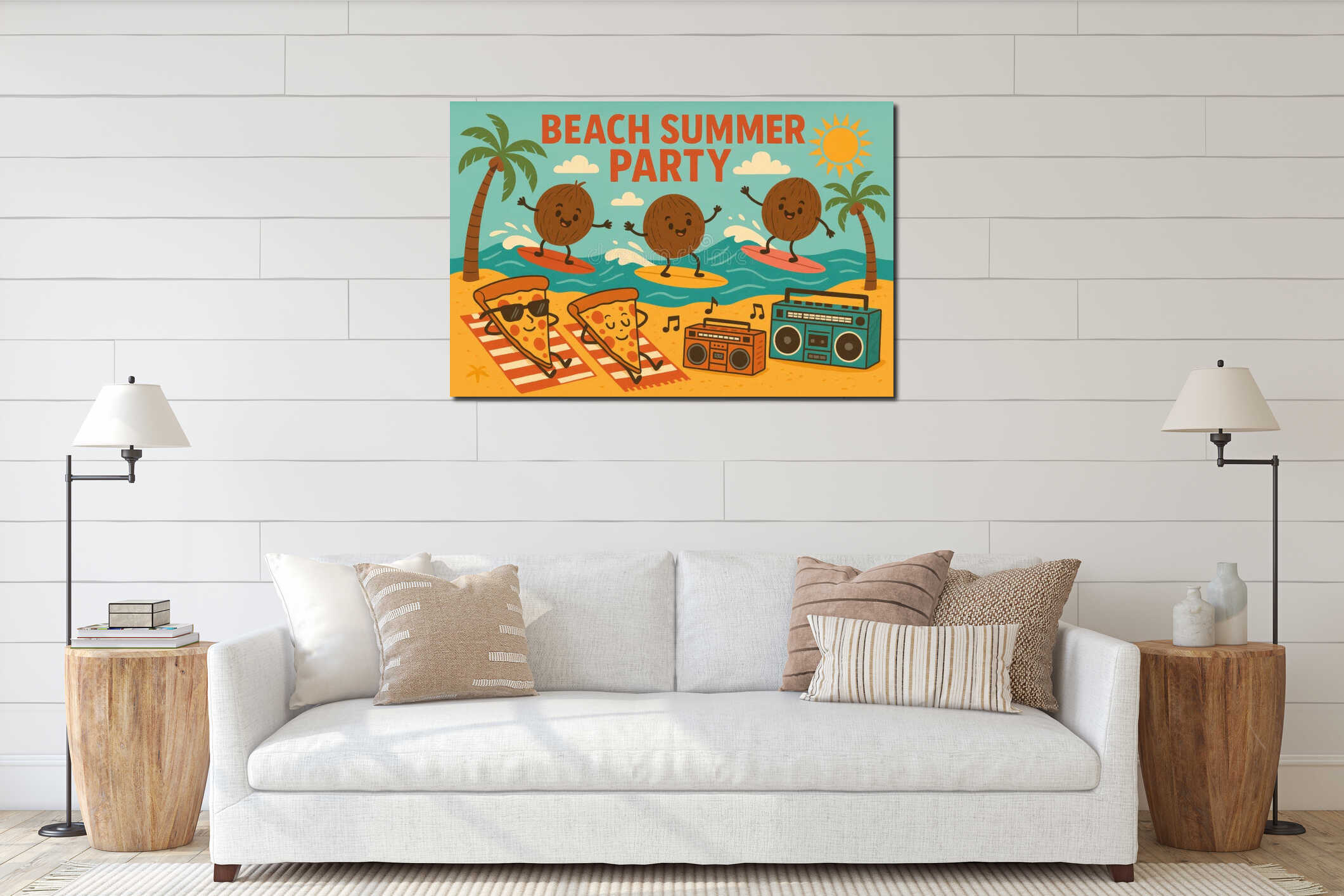 Fun Tropical Beach Party Illustration with Surfing Coconuts and Pizza interior mockup