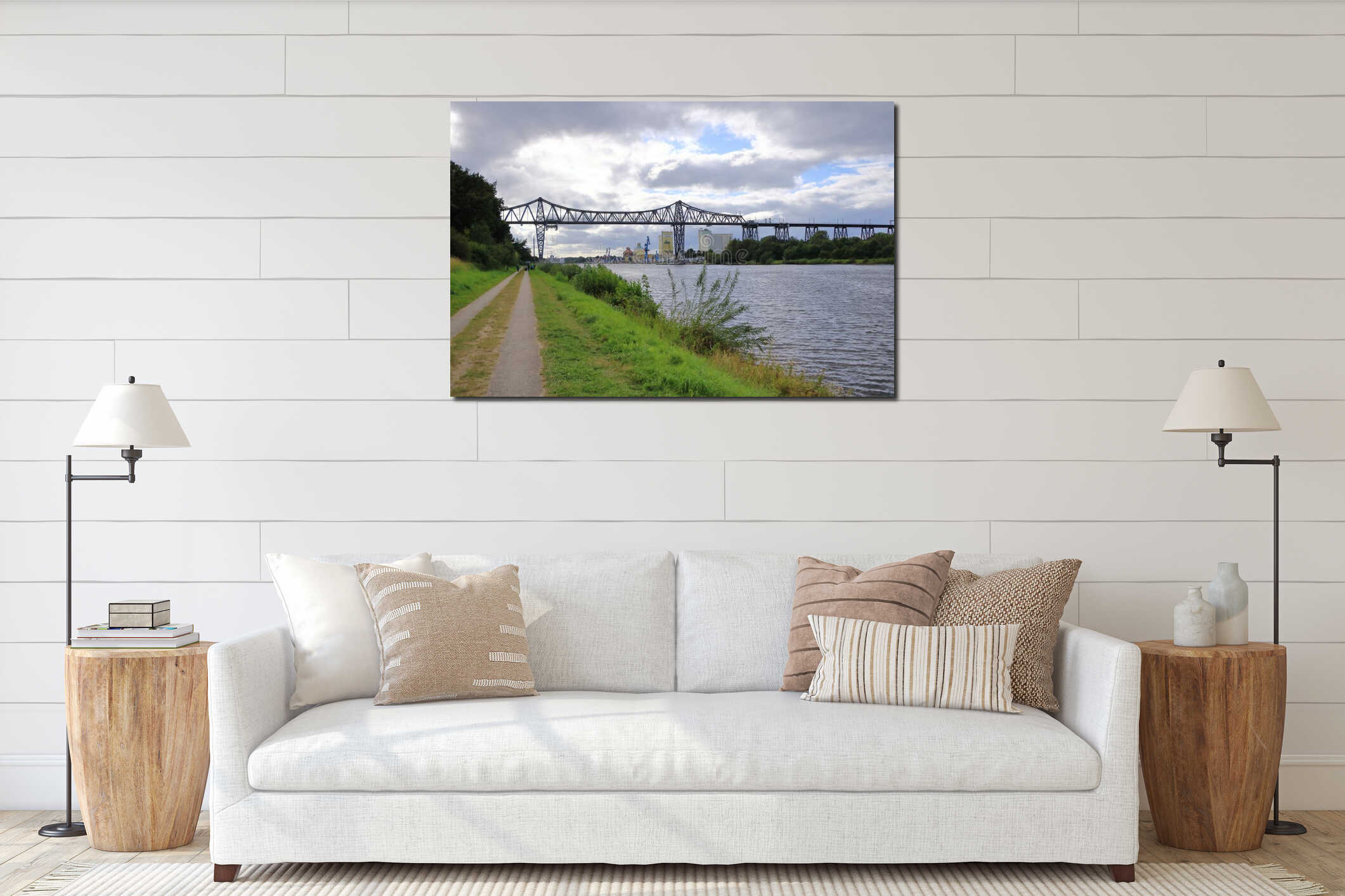 Rendsburg, Germany - August 22 2025: railway High Bridge with camping caravan area on a cloudy day interior mockup