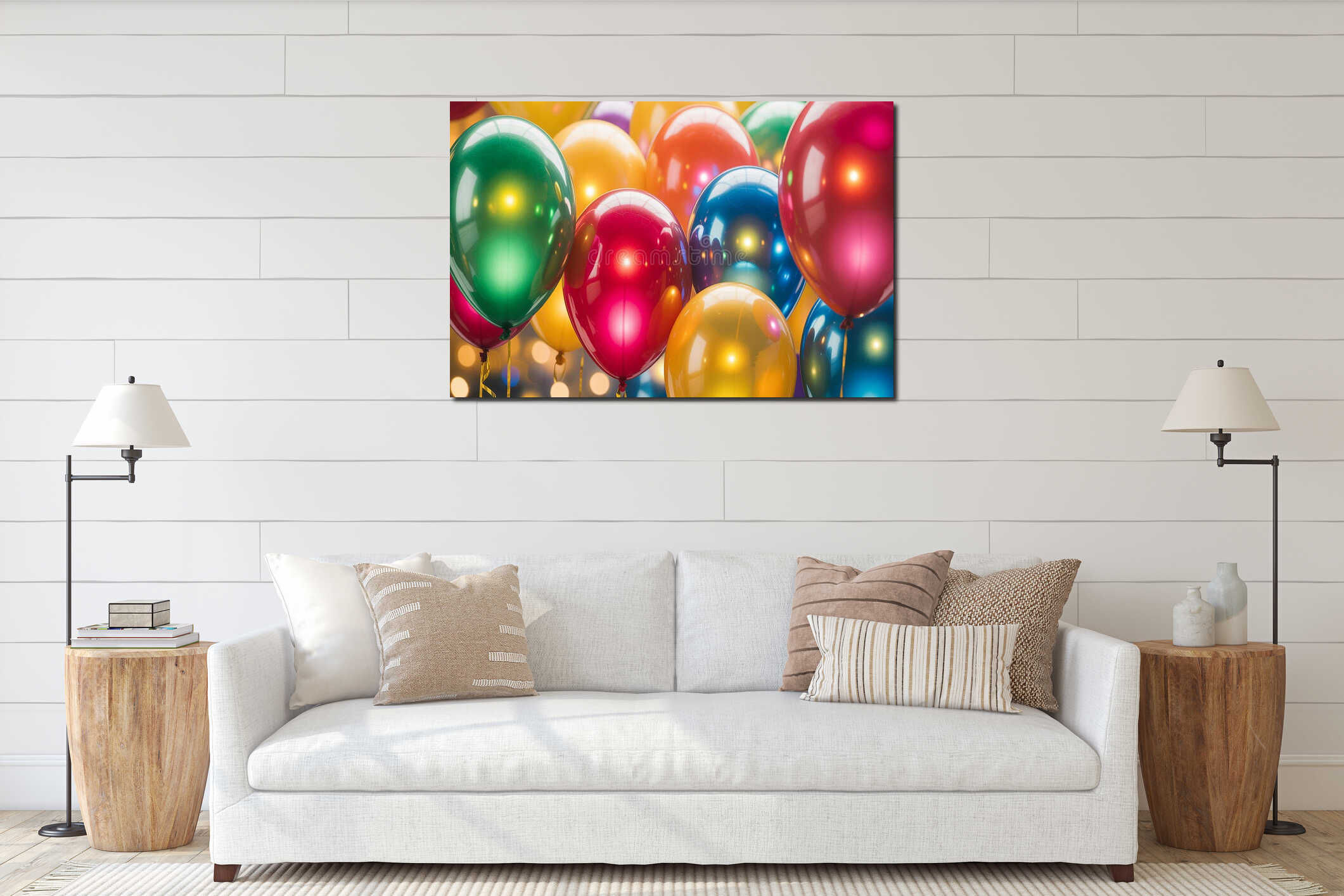 Close up of colorful shiny balloons with bokeh lights interior mockup