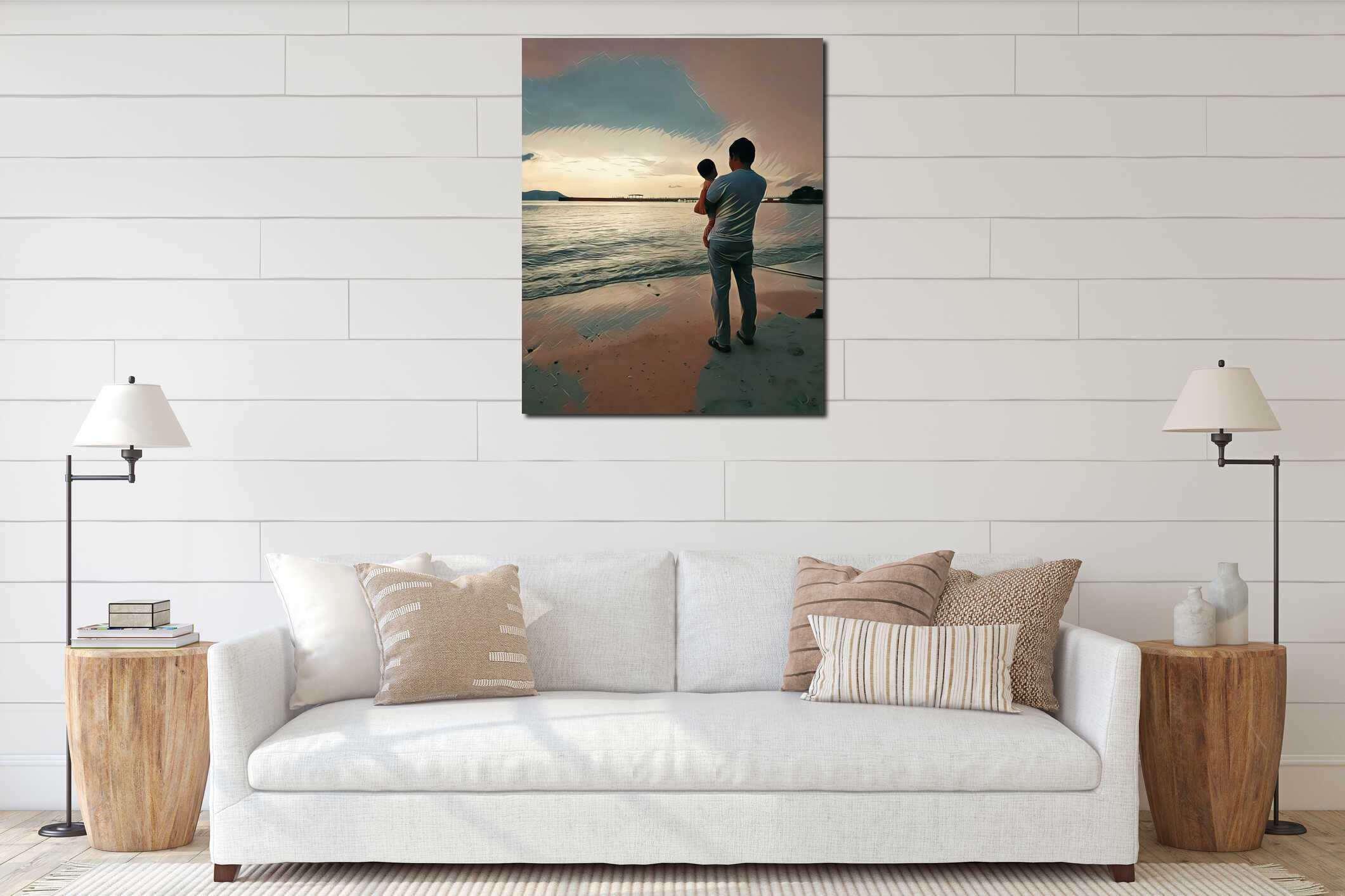 Artistic AI Sunset Beach Scene with Rear View Silhouette Figures interior mockup