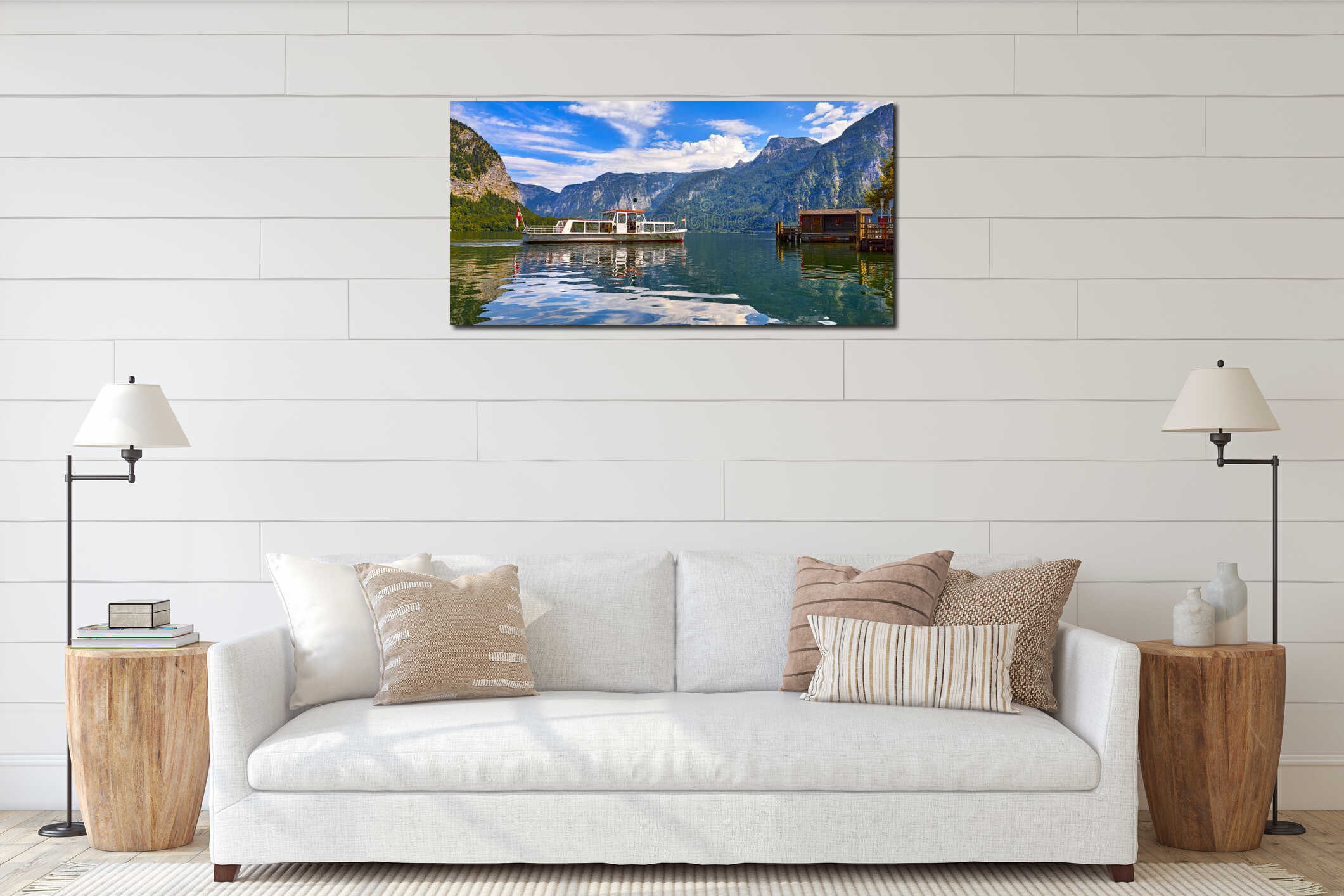 Hallstatt, Austria. Touristic pleasure boat arriving to the old wooden dock at lake Hallstattersee among austrian Alps mountains. interior mockup