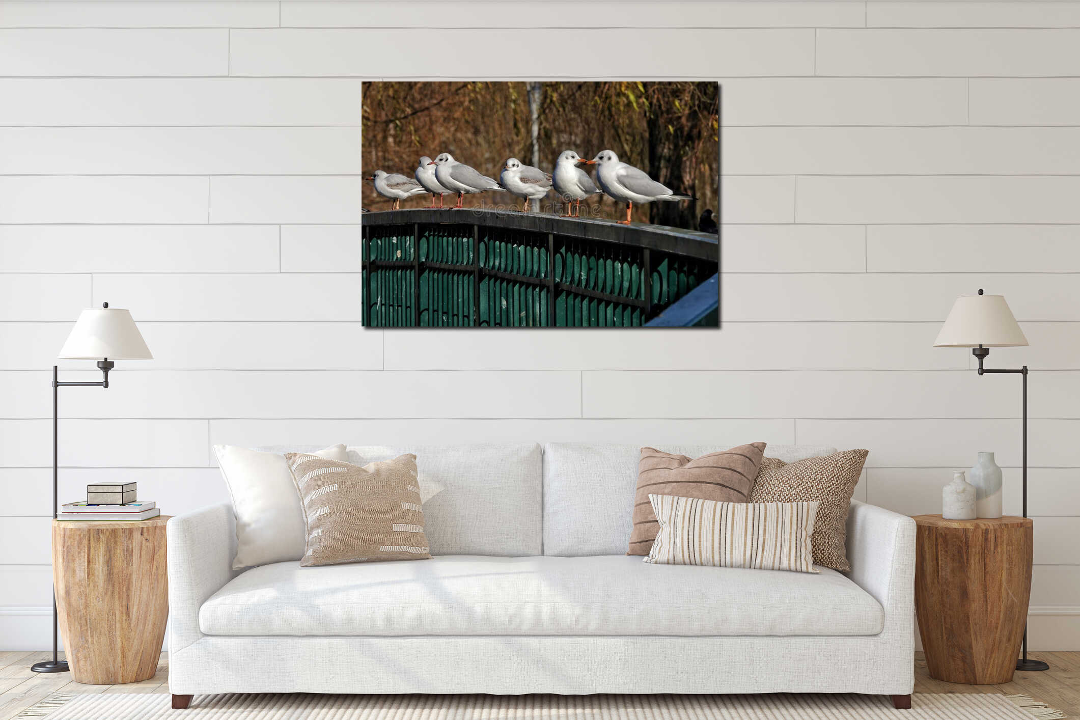 Yellow-legged gulls on a metal railing interior mockup