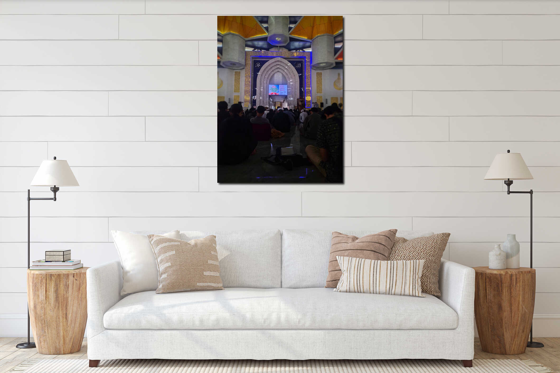 Interior of a mosque with an elaborate mihrab featuring layered arches interior mockup