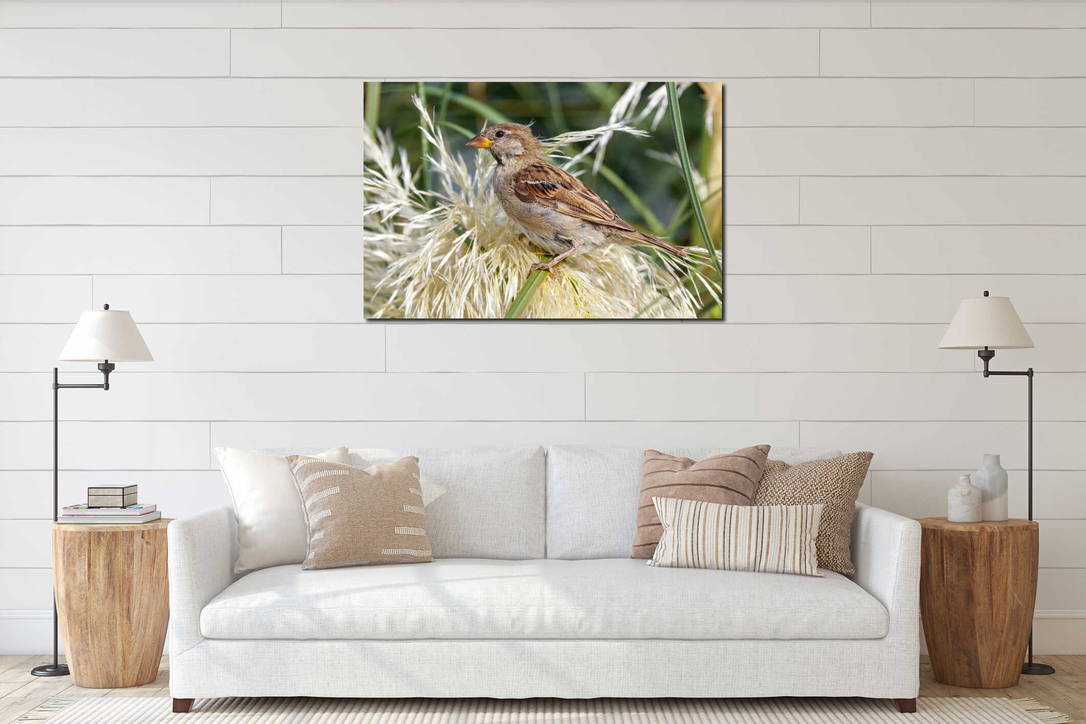 A small brown bird is perched on a plant interior mockup