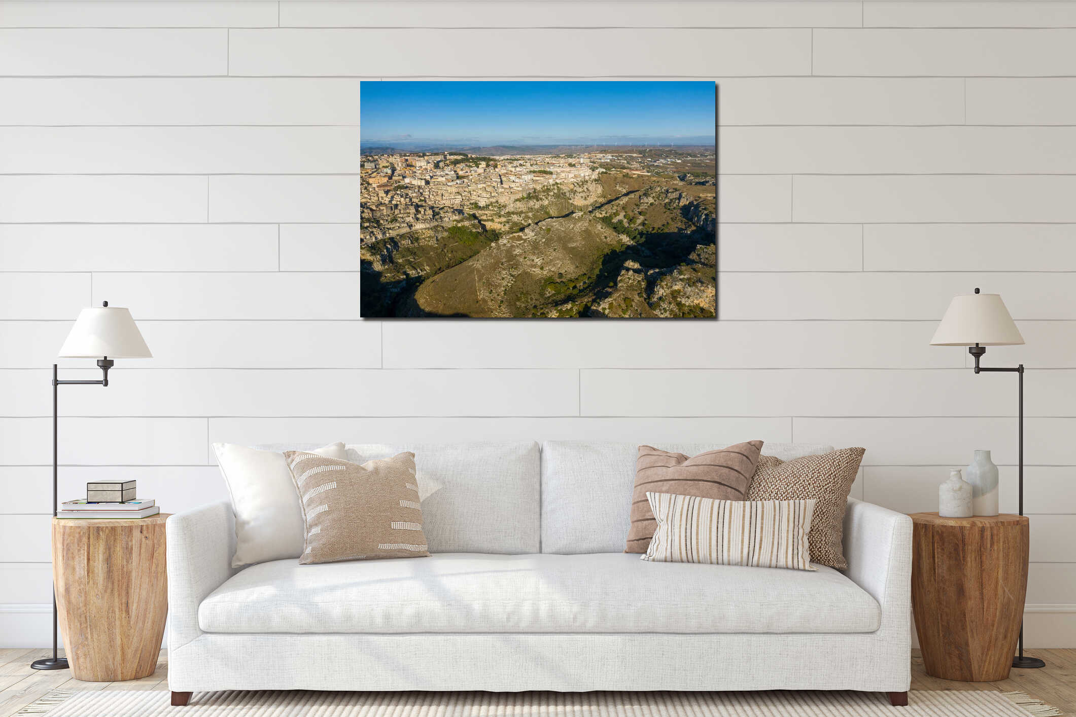 Aerial view of Matera and dramatic ravine interior mockup