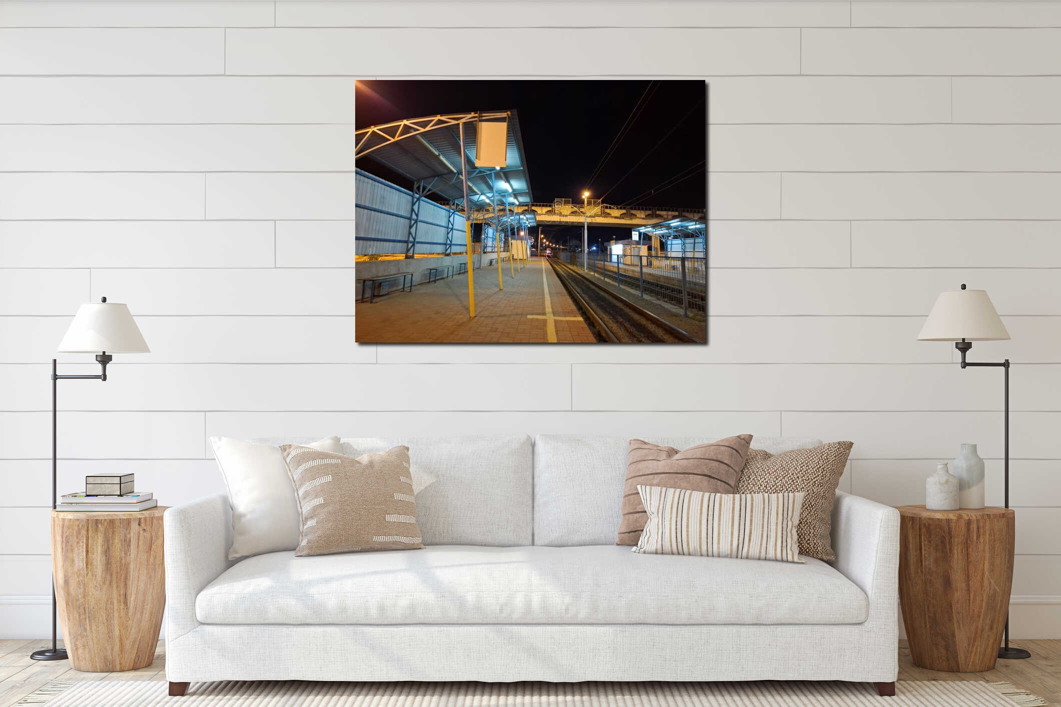 An empty tram stop in the evening interior mockup