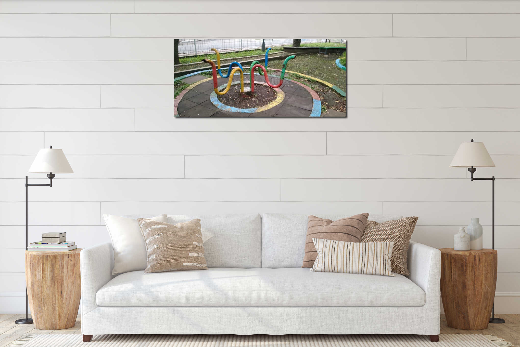 Empty Children Playground Area with Multiple Play Equipment in Urban Public Park interior mockup