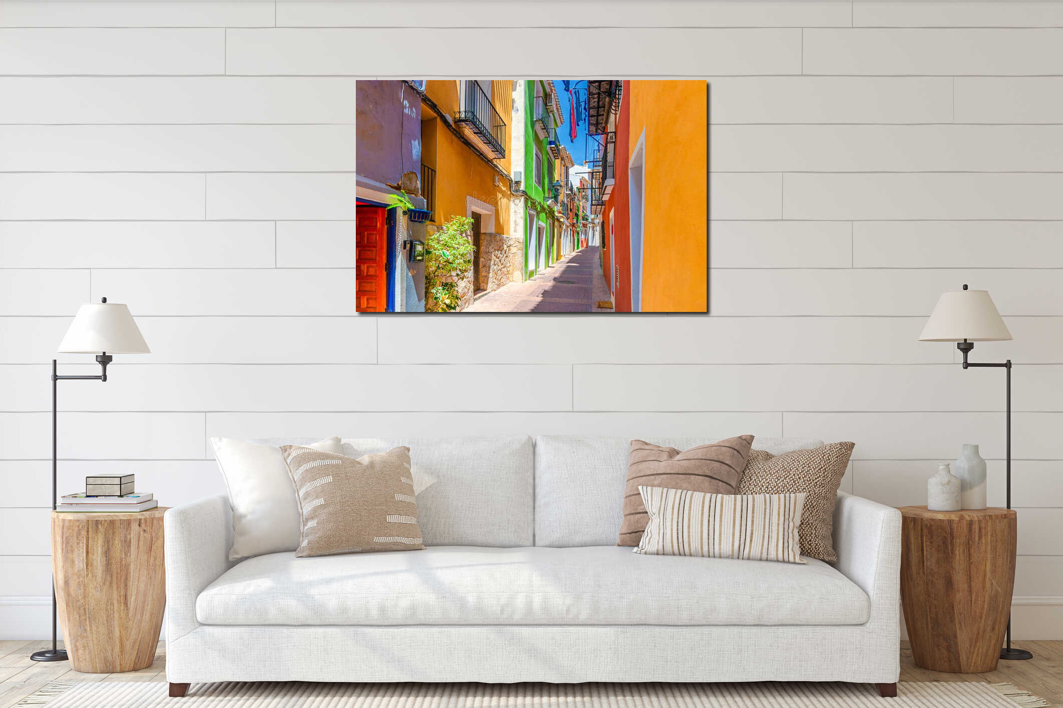 Villajoyosa old town narrow empty pedestrian street with typical colorful houses buildings in sunny summer day interior mockup