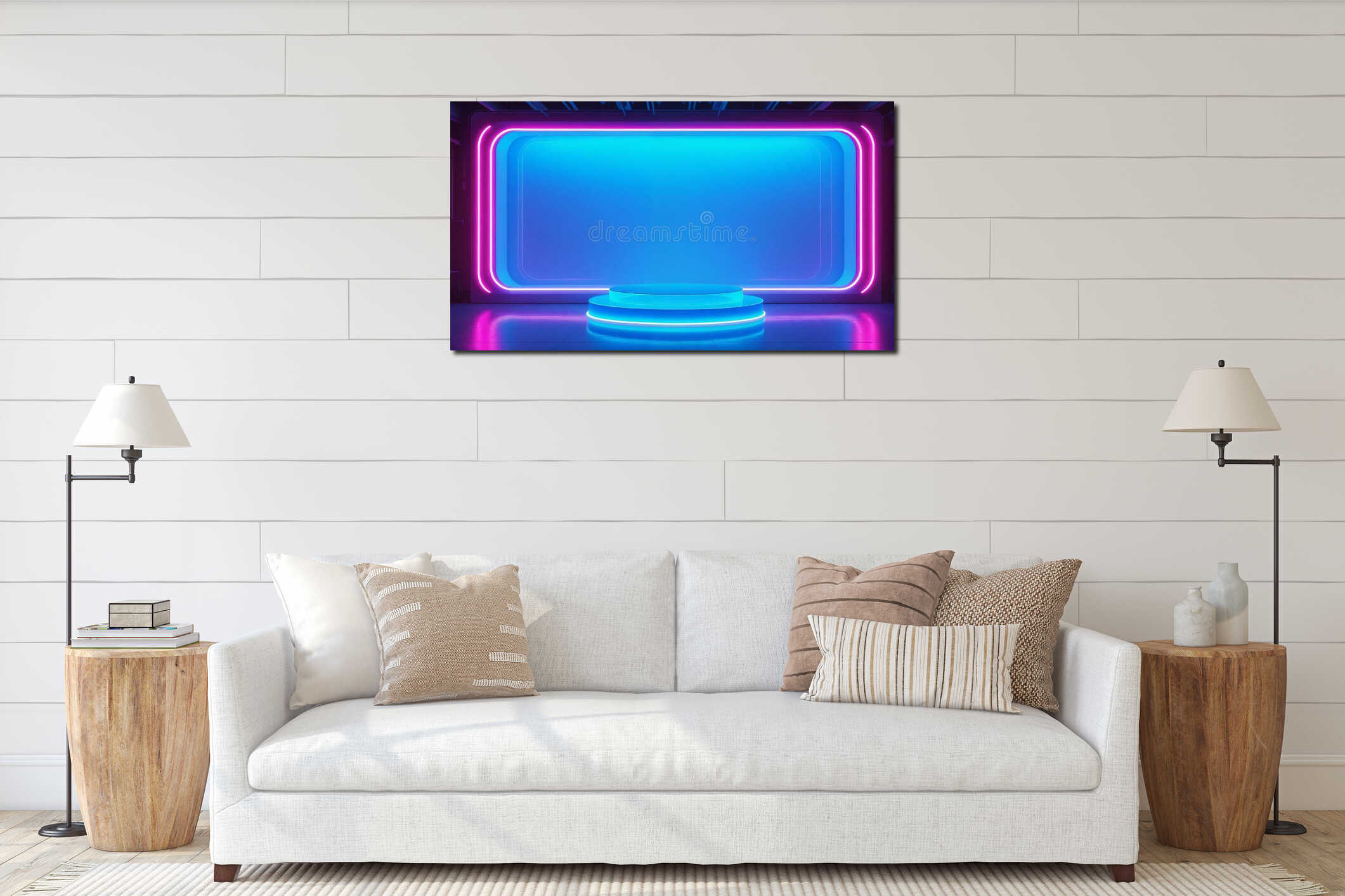 futuristic neon-lit stage with a glowing blue podium at the center, surrounded by vibrant red and blue LED light strips. interior mockup