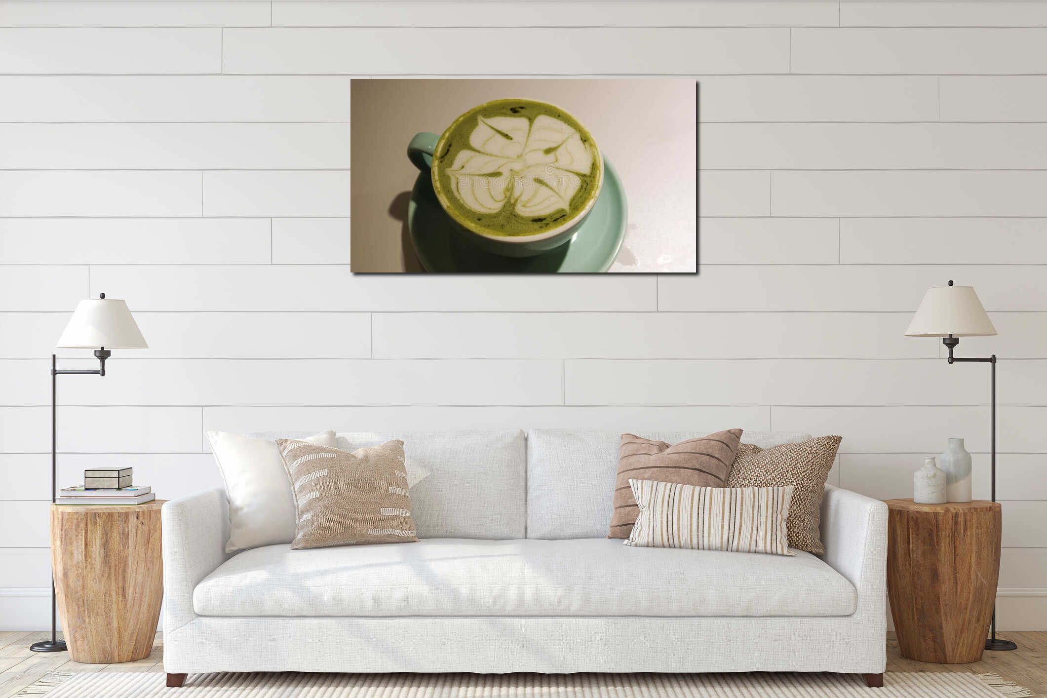 close up of hot green tea latte interior mockup