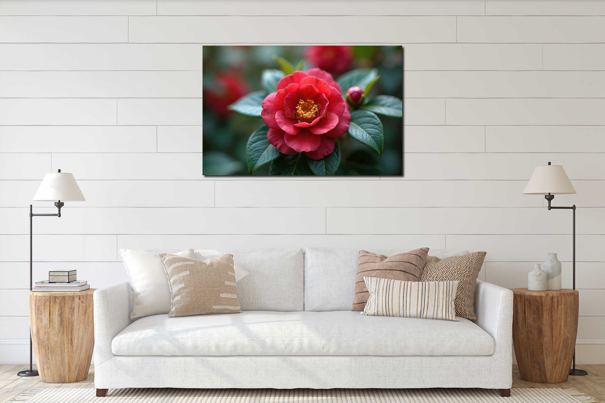 Red camellia japonica flower blooms on green bush. Detailed macro shows petals, stamen, leaf, and bud. Spring garden nature scene interior mockup