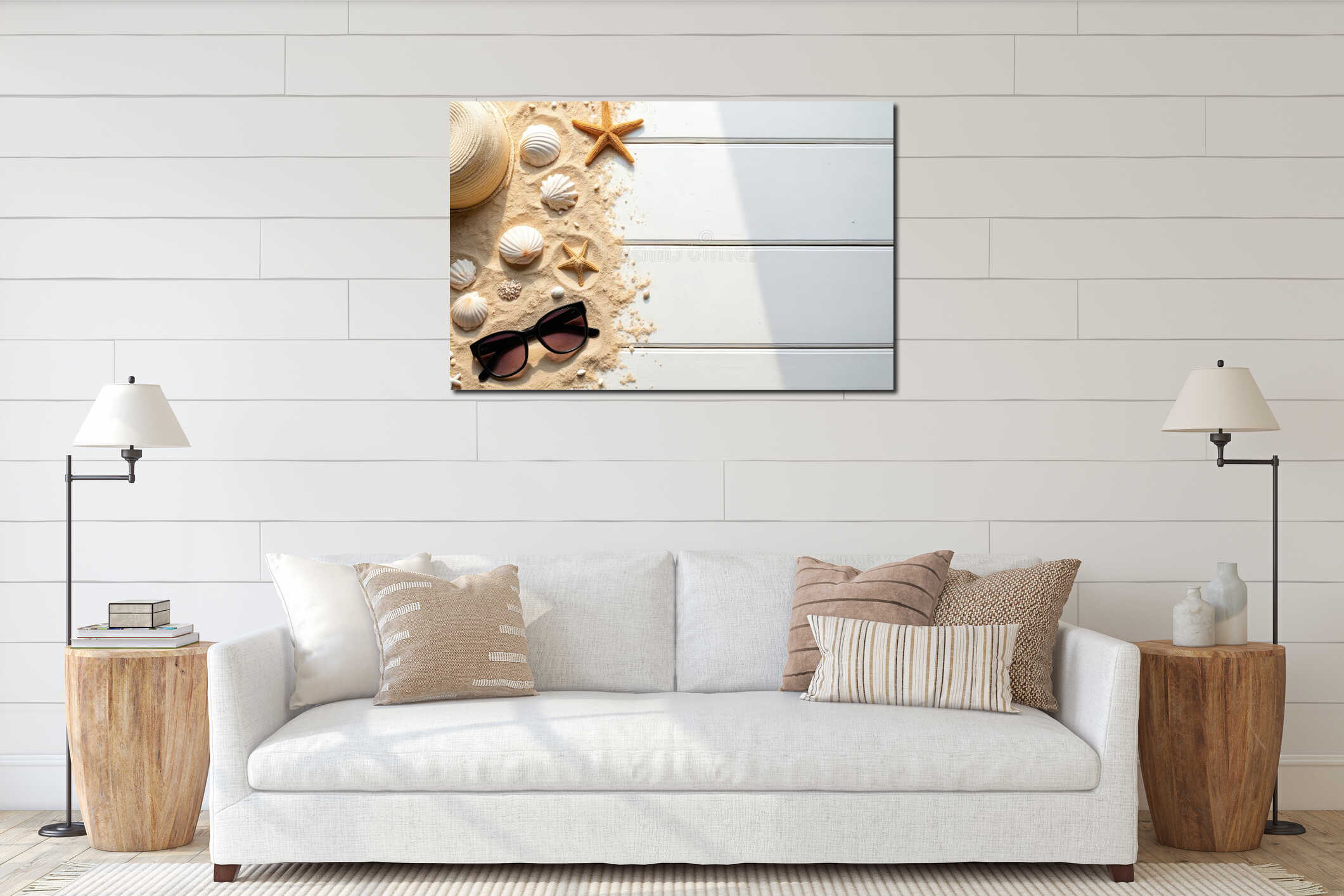 Straw hat sunglasses seashells starfish arranged on sand next to white wooden planks. Empty space for text, sunny day on vacation interior mockup