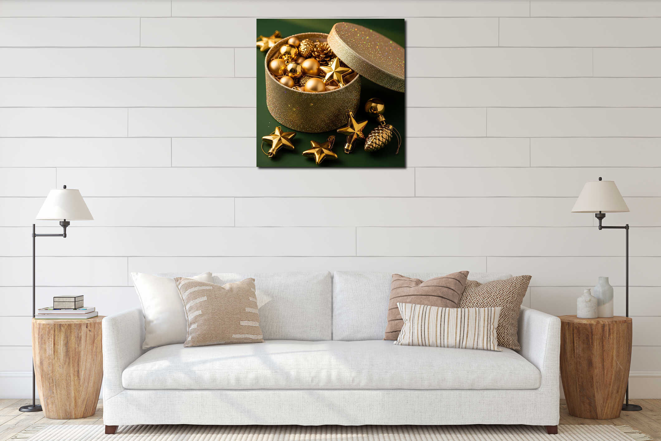 Golden Christmas Ornaments in Sparkling Box interior mockup