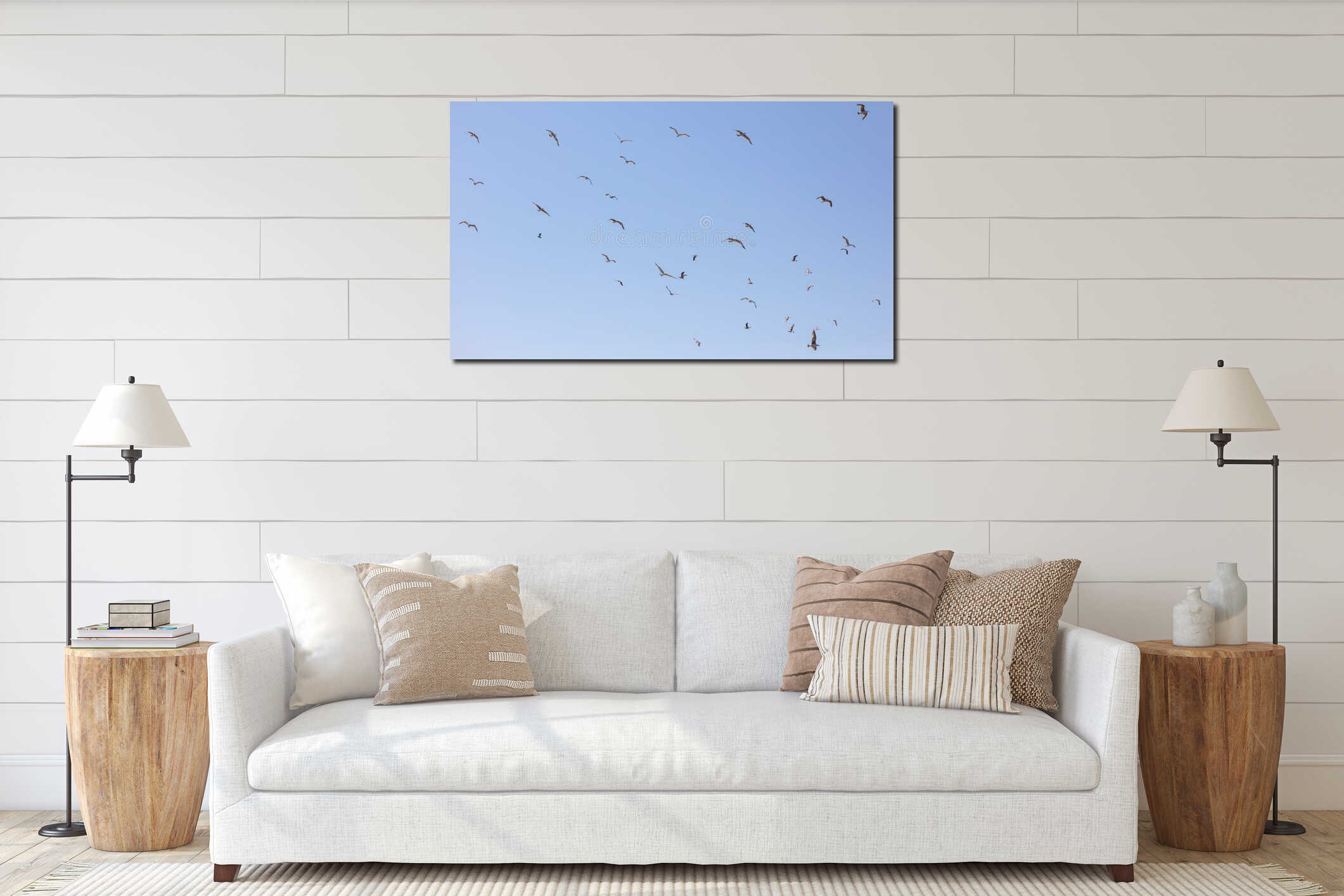 A flock of seagulls flying in the sky interior mockup