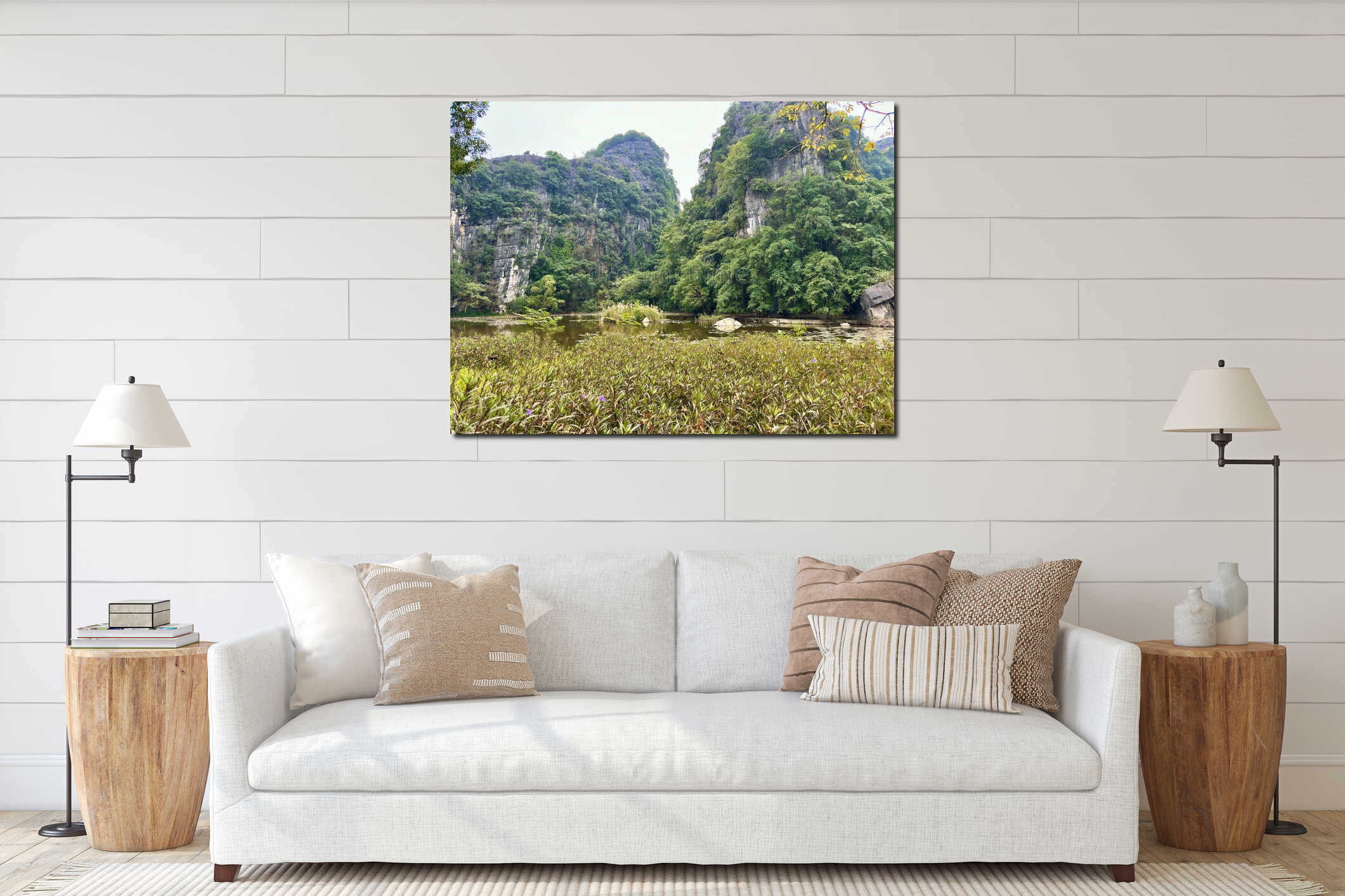 Poetic beauty of the water lily pond and limestone mountain range at the Bich Dong Pagoda area interior mockup