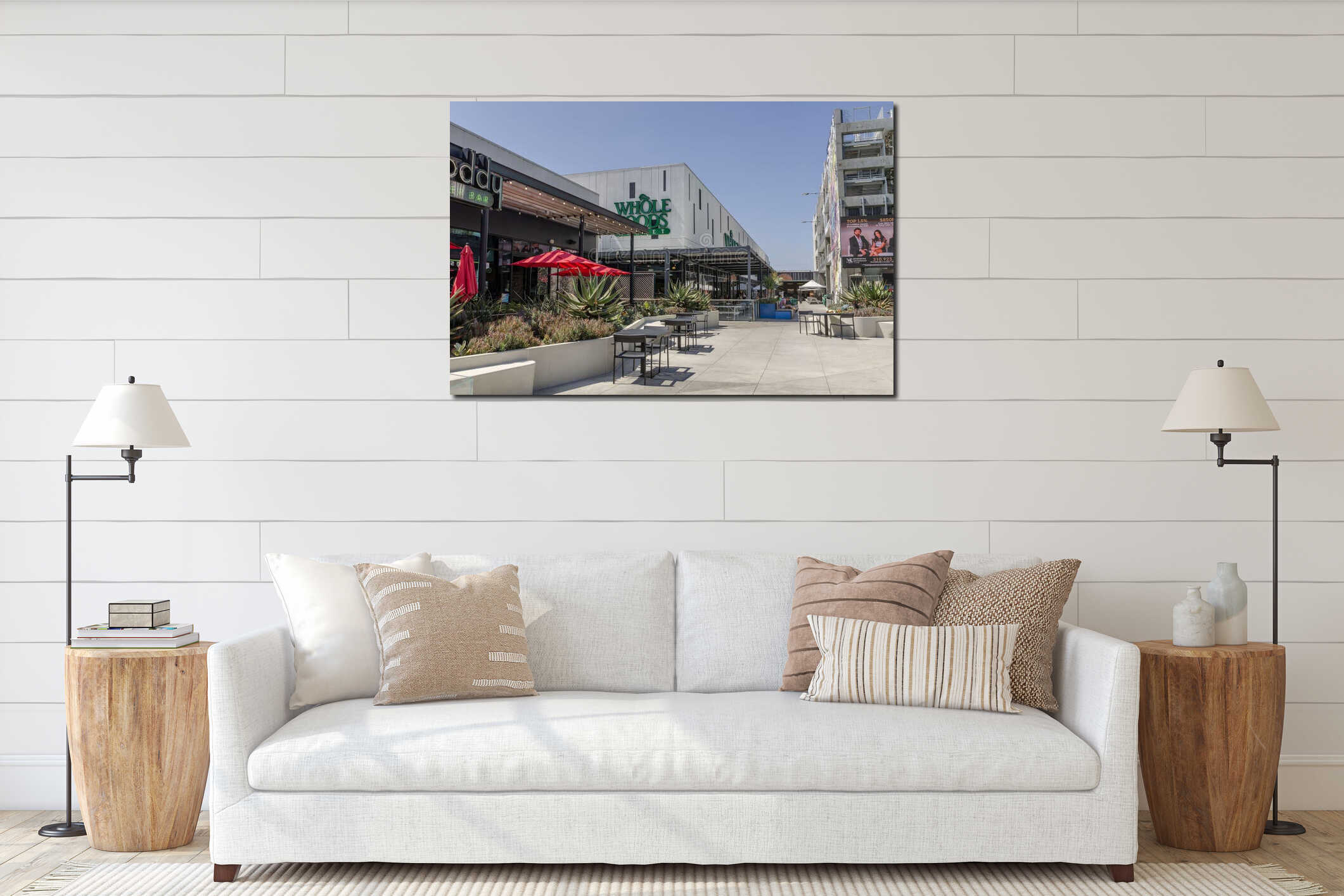 California Los Angeles area Plya Vista August 18, 2025 Modern outdoor shopping plaza with cafes seating urban architecture sunny interior mockup