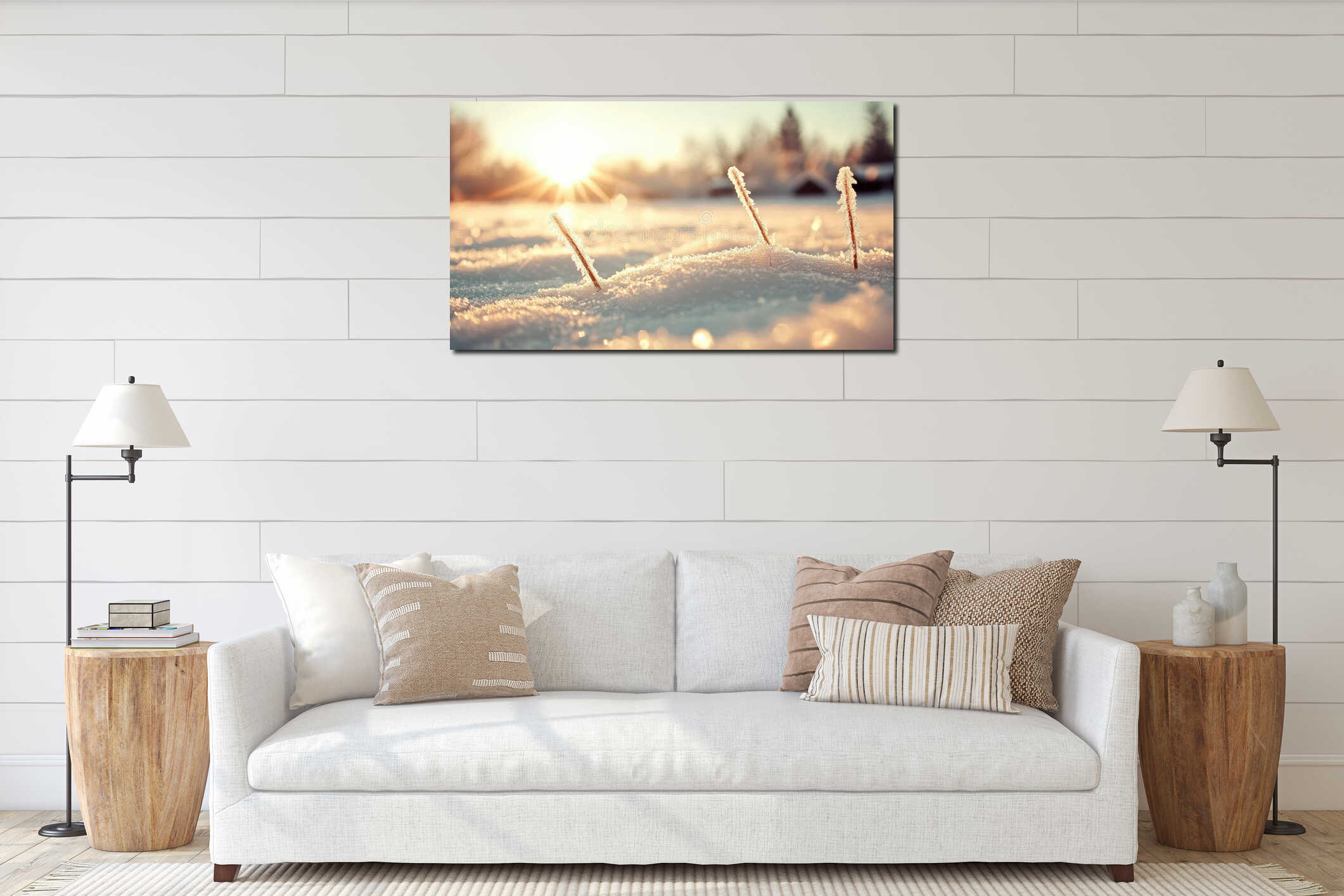 Golden sunlight illuminates frosted grass stalks emerging from snowy ground in a peaceful natural winter landscape. interior mockup