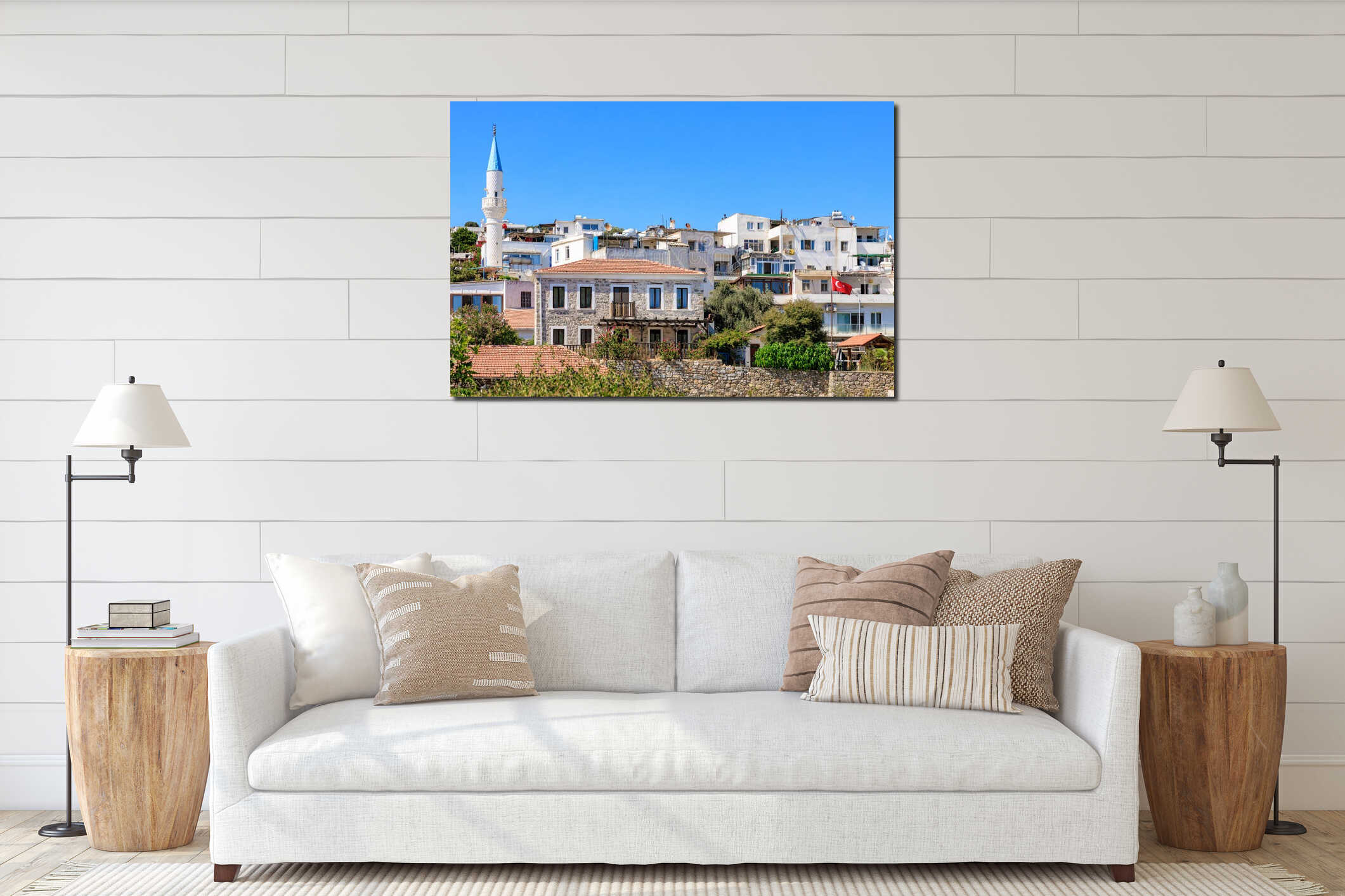 Scenic view of Bodrum: traditional turkish houses and mosque minaret under clear blue sky interior mockup