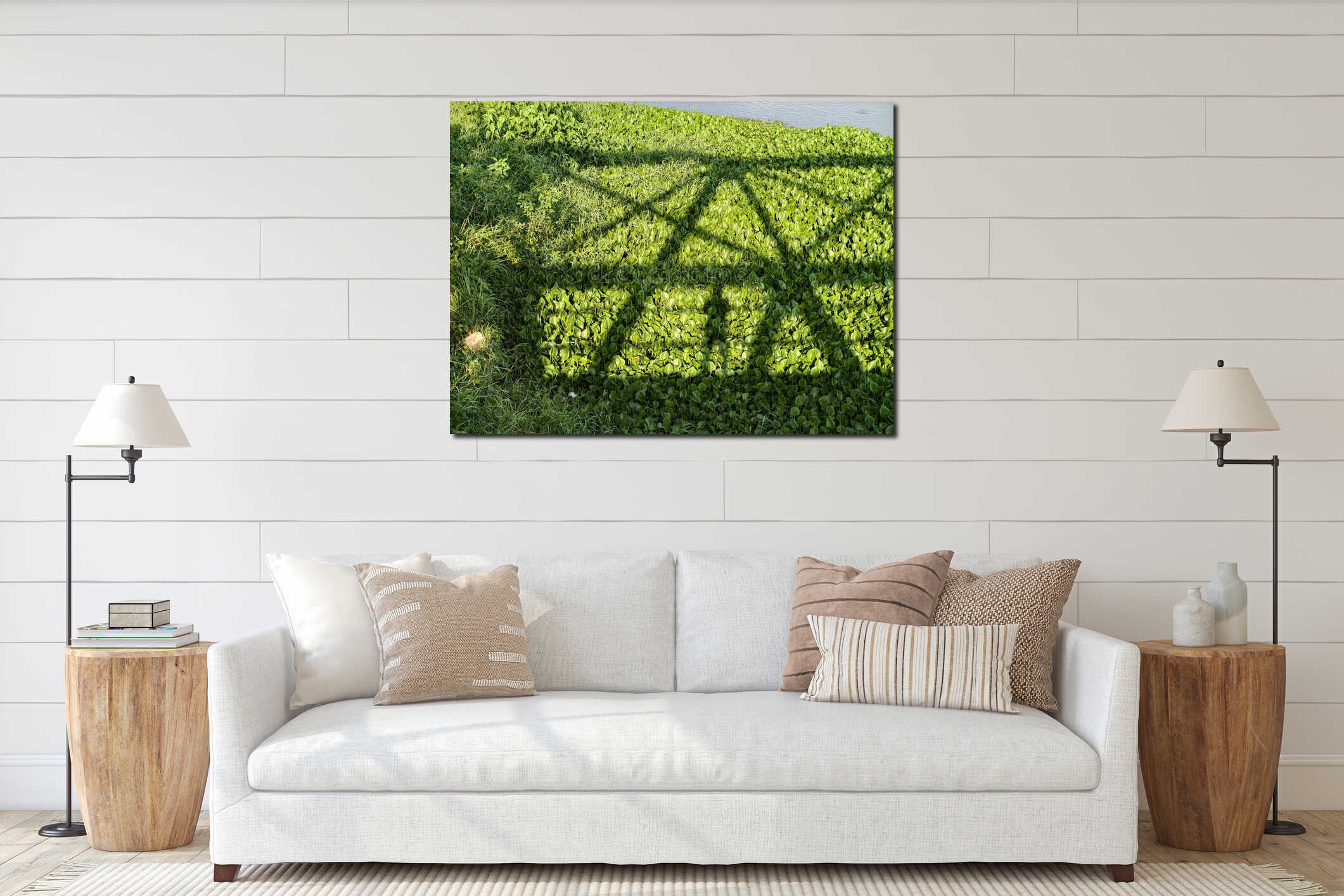 Shadow of a steel truss bridge with geometric patterns is cast on lush green water hyacin interior mockup