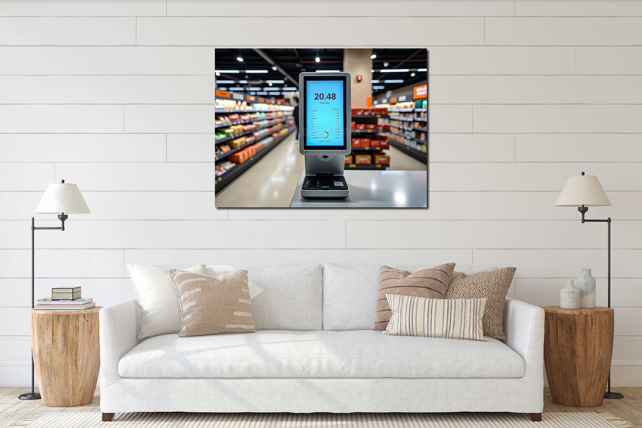 Self-Service Checkout Terminal in Modern Supermarket interior mockup