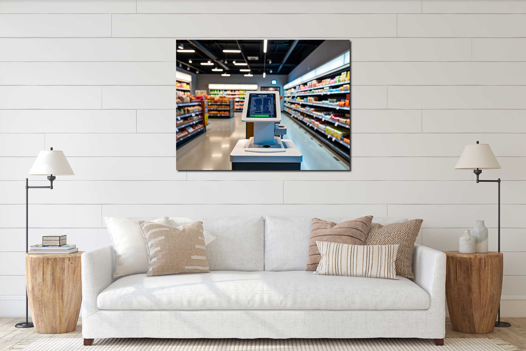 Self-Service Checkout Terminal in Modern Supermarket interior mockup