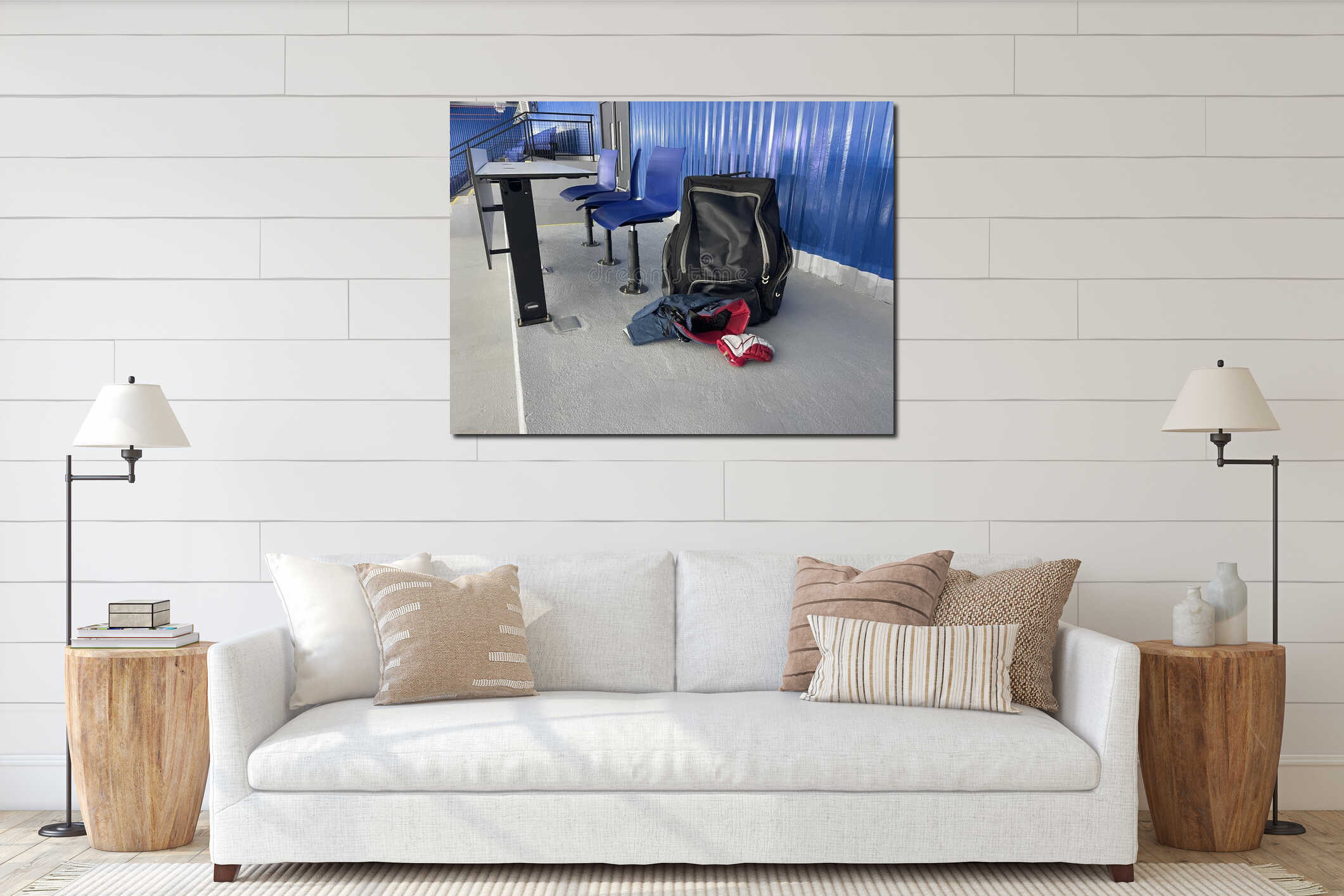 hockey guard and skates in ice stadium interior mockup
