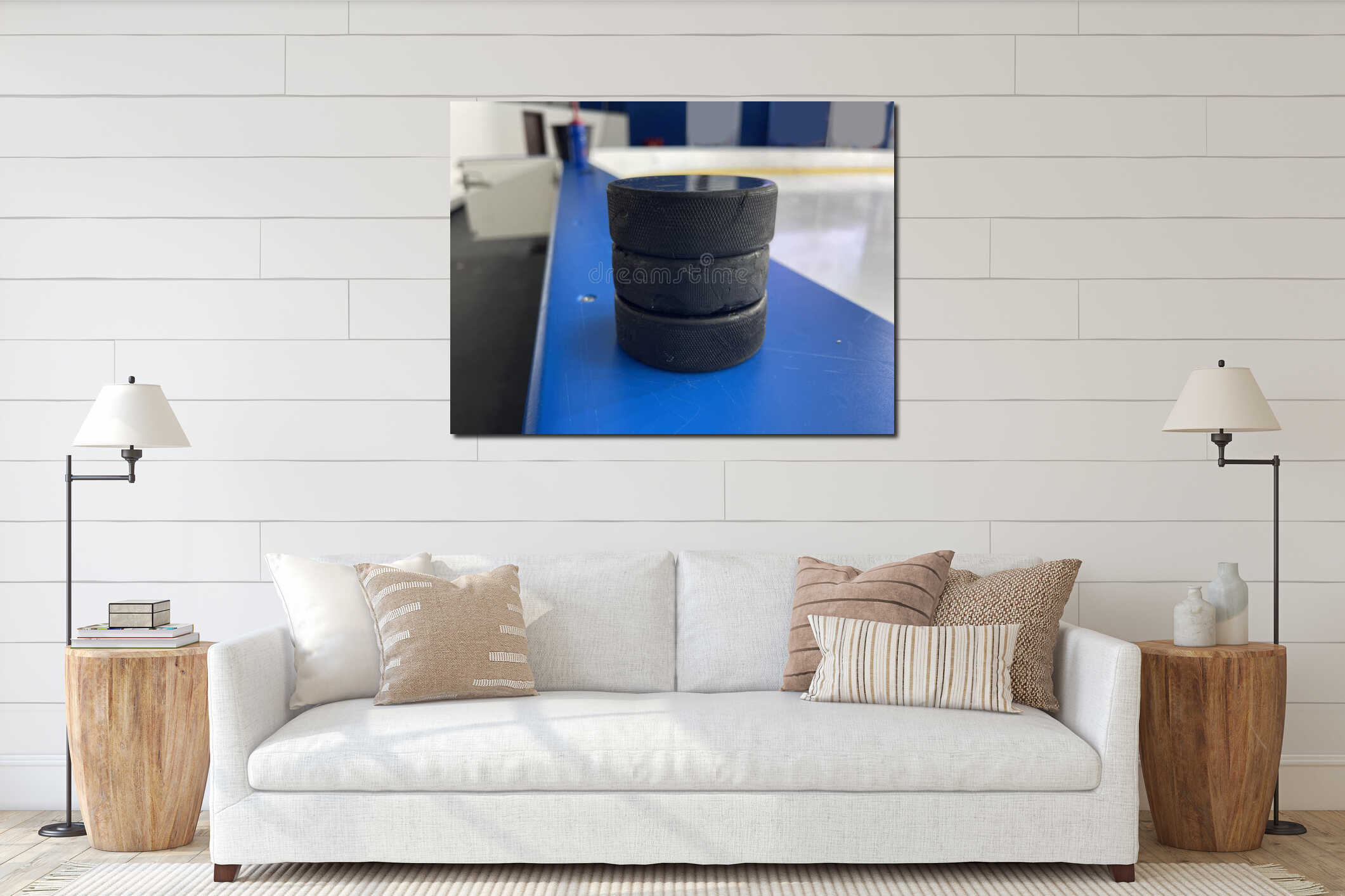 hockey puck on the board ice arena interior mockup