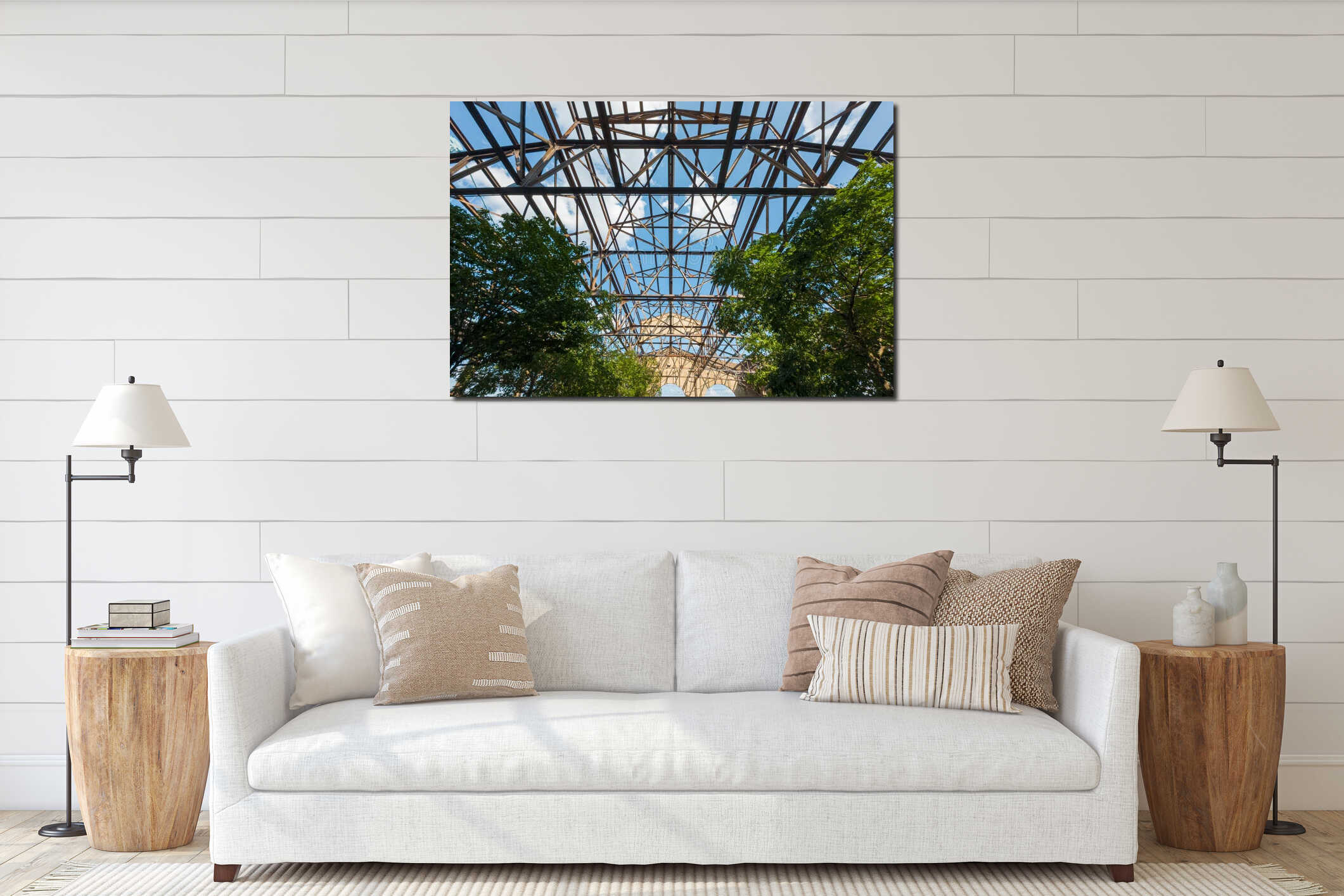 A large building with a lot of trees and a blue sky. Cherry Street Pier interior mockup