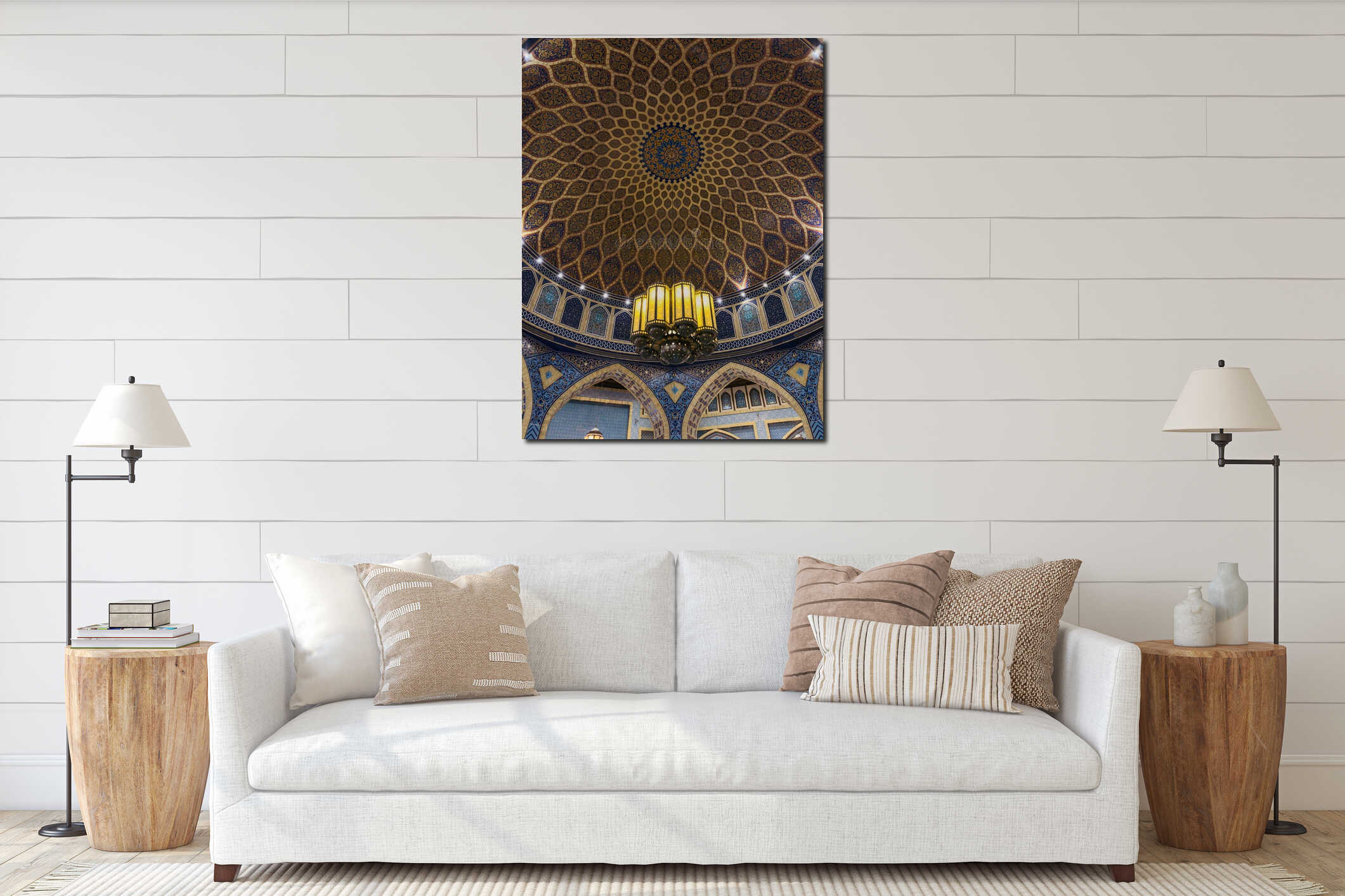 Grand Islamic architecture interior with chandelier and decorative patterned dome ceiling interior mockup