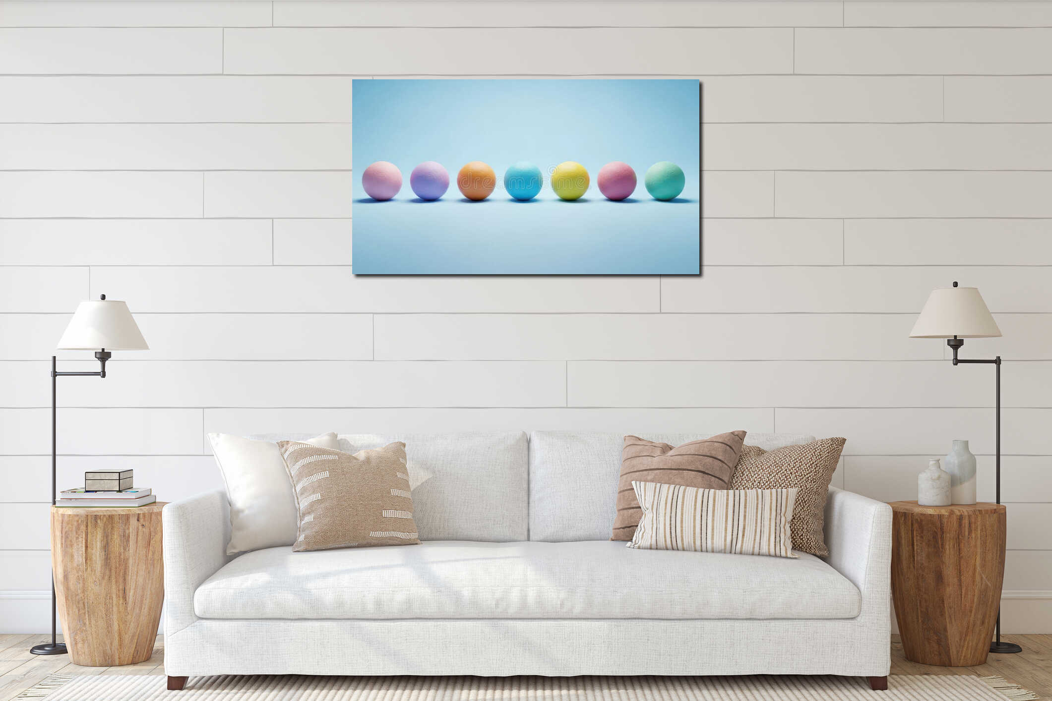 Colorful spheres in a row interior mockup