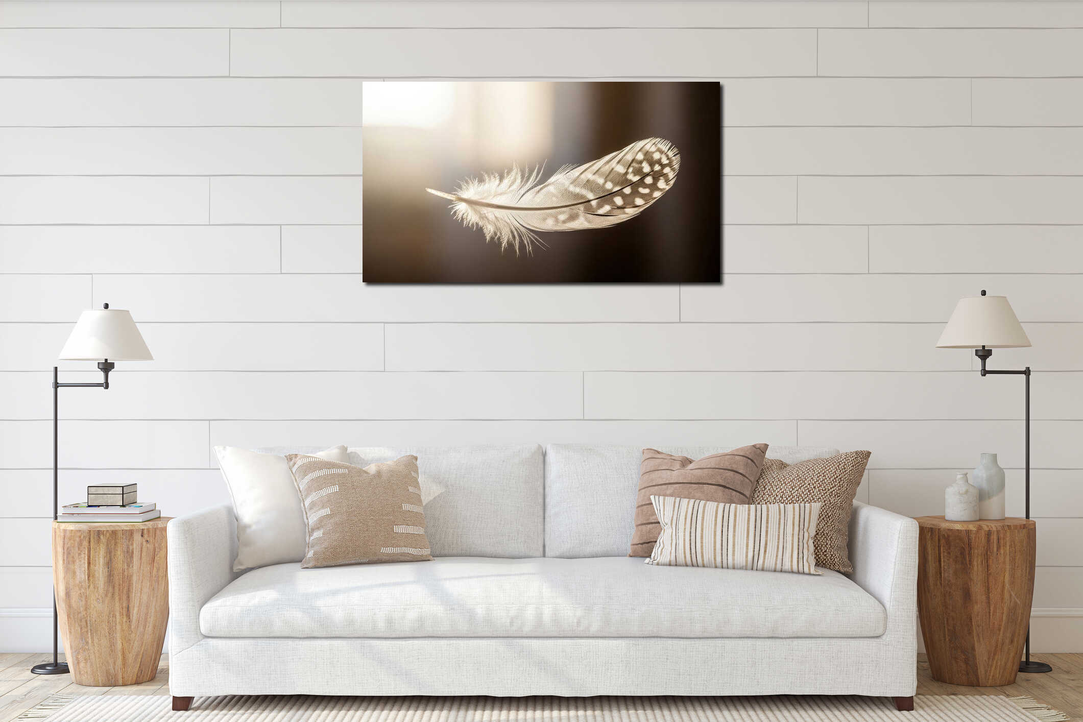 Delicate feather floats in soft sunlight with ring detail interior mockup