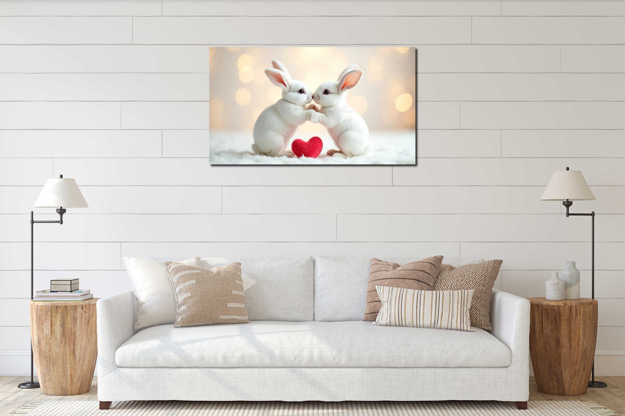 A cute scene where white rabbits are kissing, standing on their hind legs, with a soft plush heart. interior mockup
