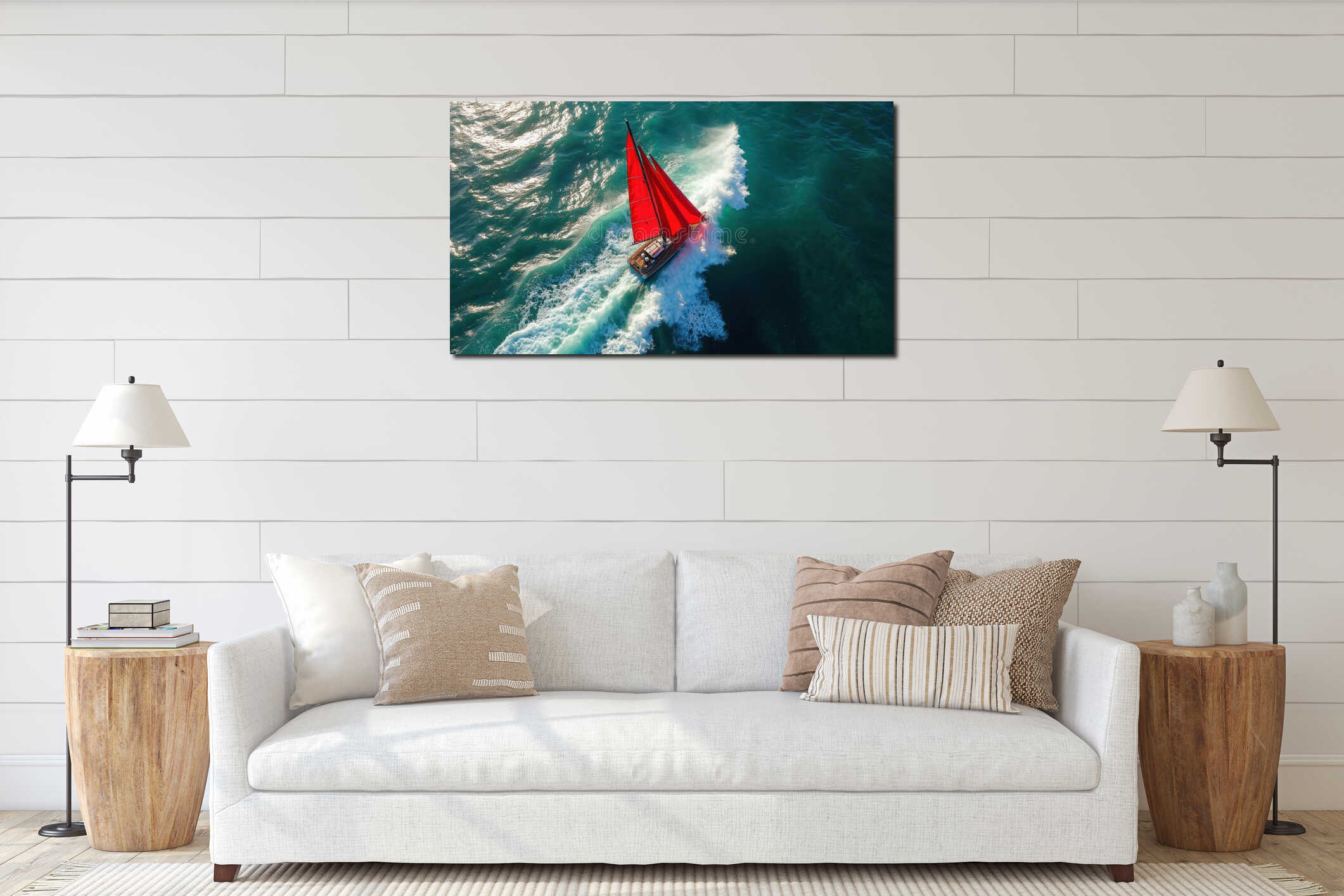 Aerial view shows red sailboat on vast ocean. Boat moves fast through strong waves, creating white foam, spray. Sea water blue, interior mockup