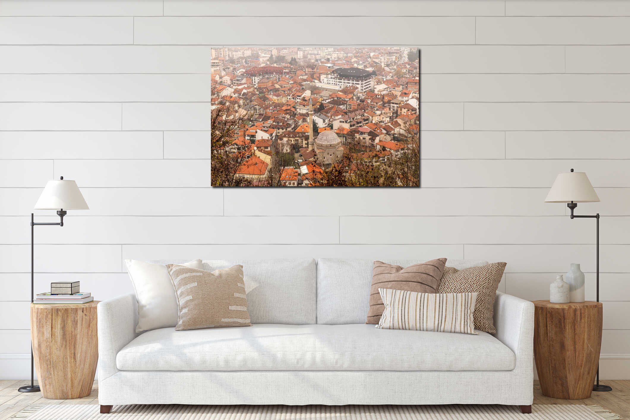 Urban panorama with mosque dome, minaret and residential buildings forming a dense city center under interior mockup