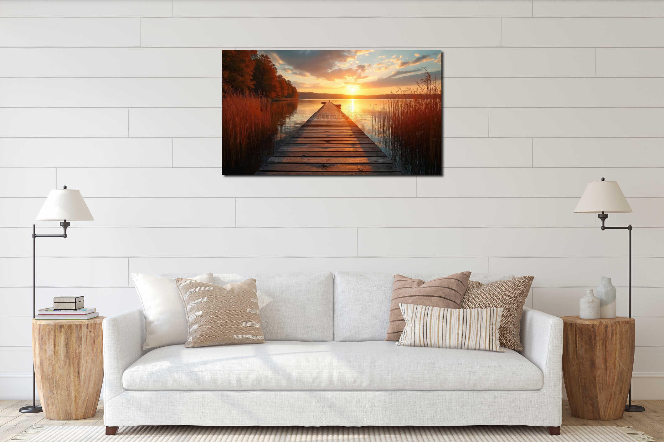 Wooden pier extends into calm lake at golden sunset. Orange trees line distant shore. Reeds sway in warm evening light. Peaceful interior mockup