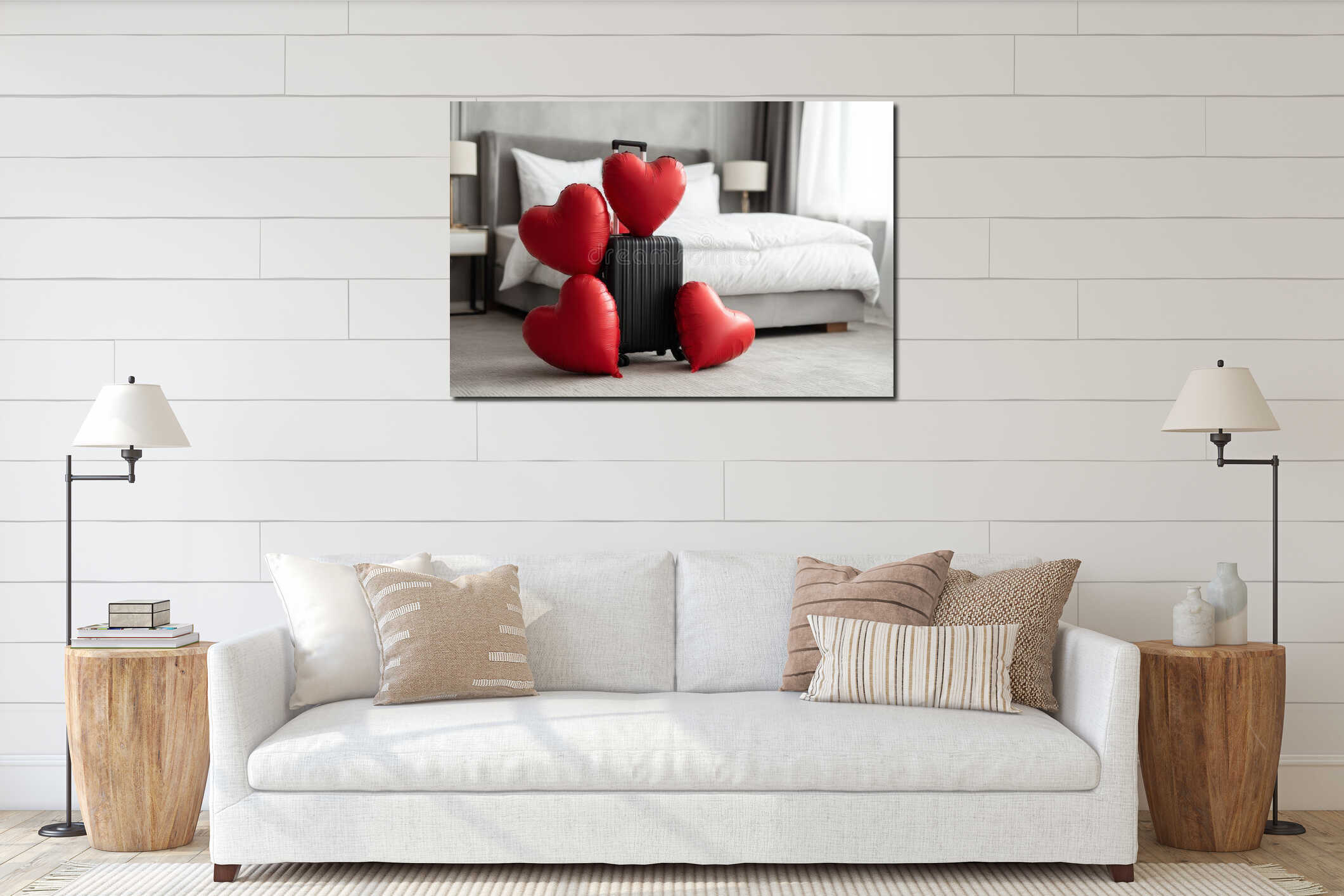 Stylish Hotel Room Setup for Valentine Day Celebration Featuring Suitcase and Heart-Shaped Balloons interior mockup