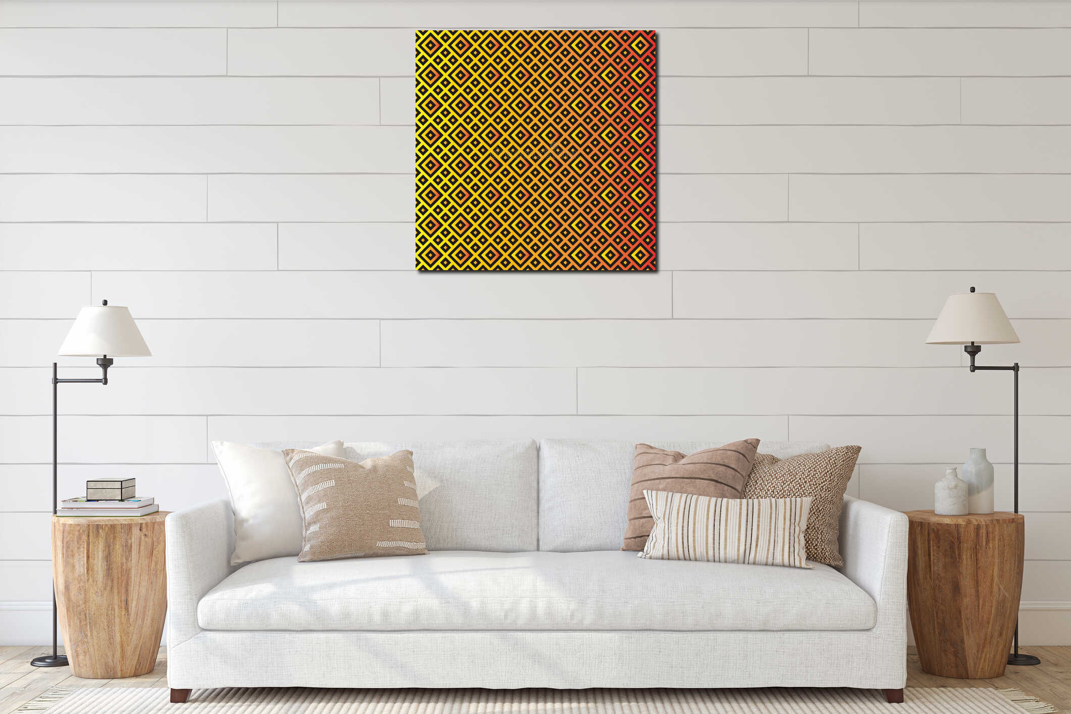 Geometric diamond pattern. Red yellow vector. Abstract rhombus tile. Seamless texture art. interior mockup