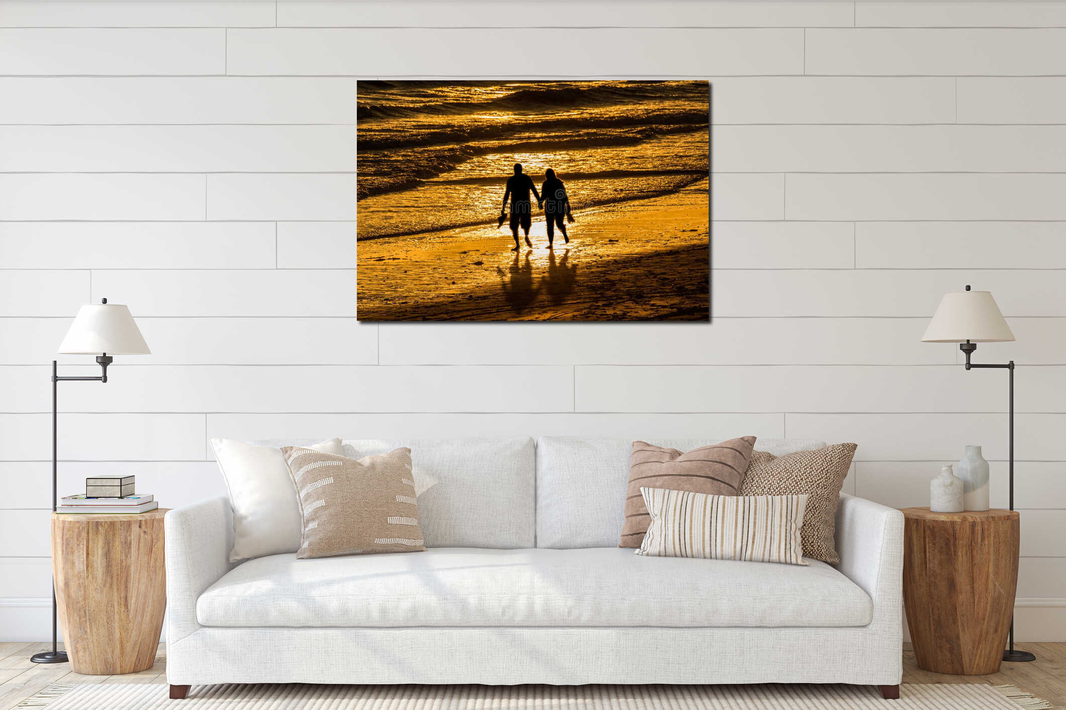 Couple walking holding hands beach interior mockup