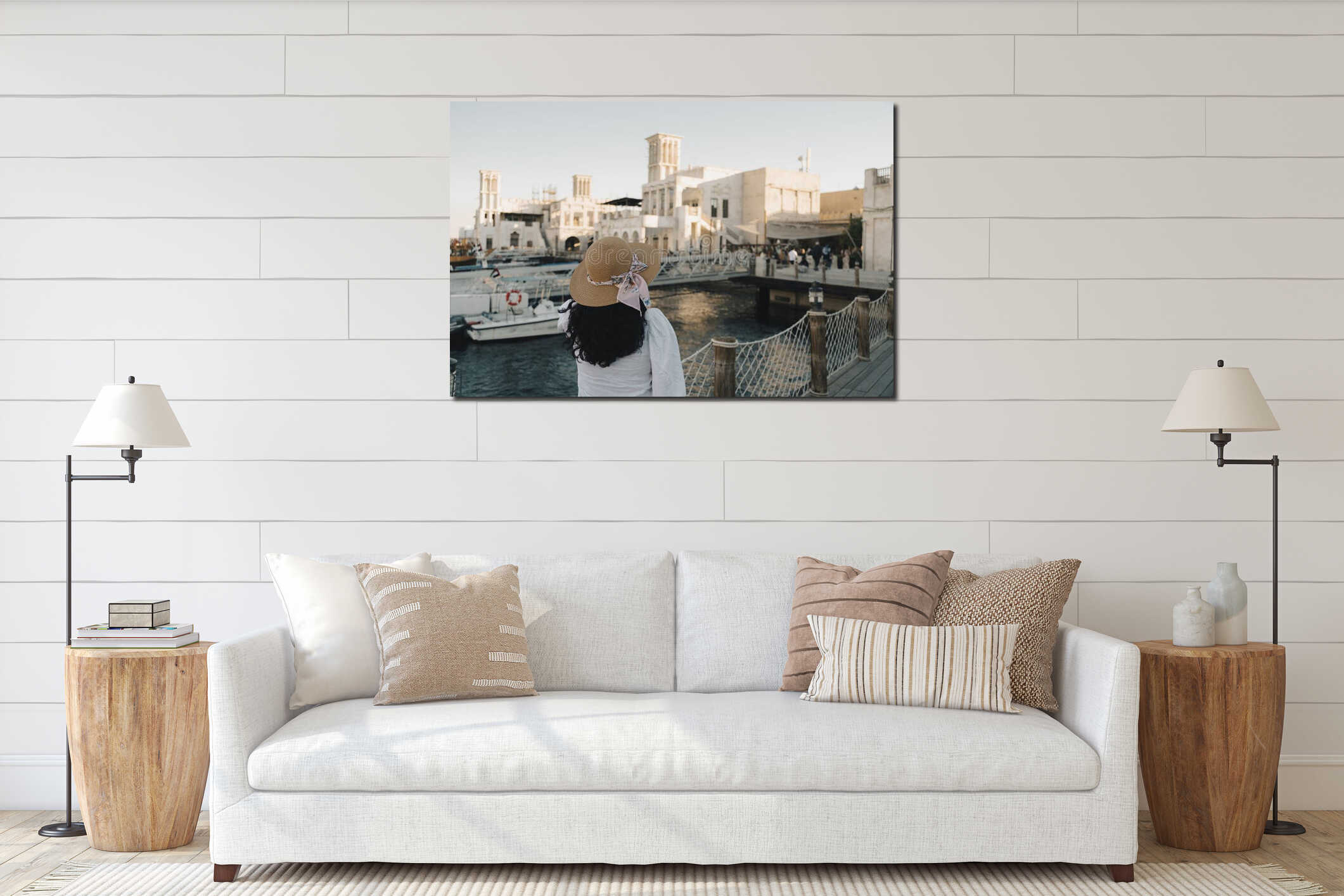 Woman in an old European town with historic stone buildings, canal and boats, Venice architecture and gondola boats interior mockup