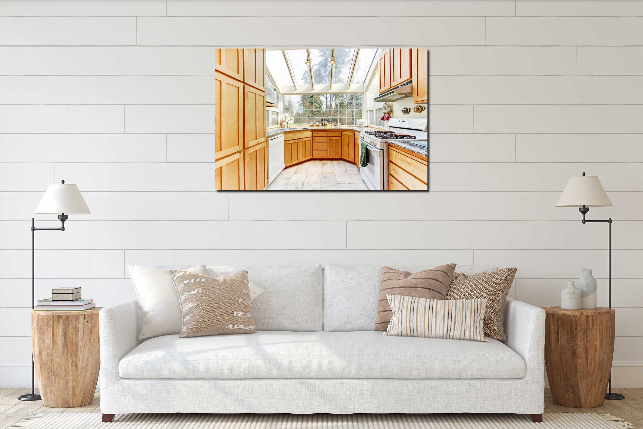Bright kitchen room with glass wall and ceiling interior mockup