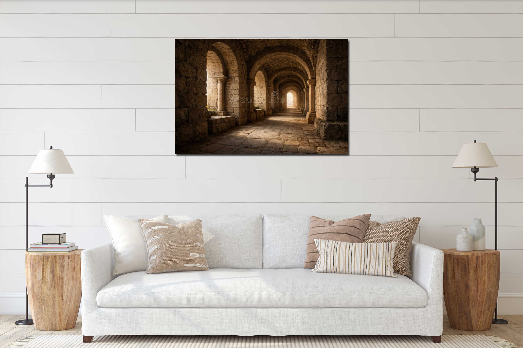 Explore Ancient Stone Arches in a Quiet Corridor Illuminated by Soft Light During the Early Hours of the Morning interior mockup